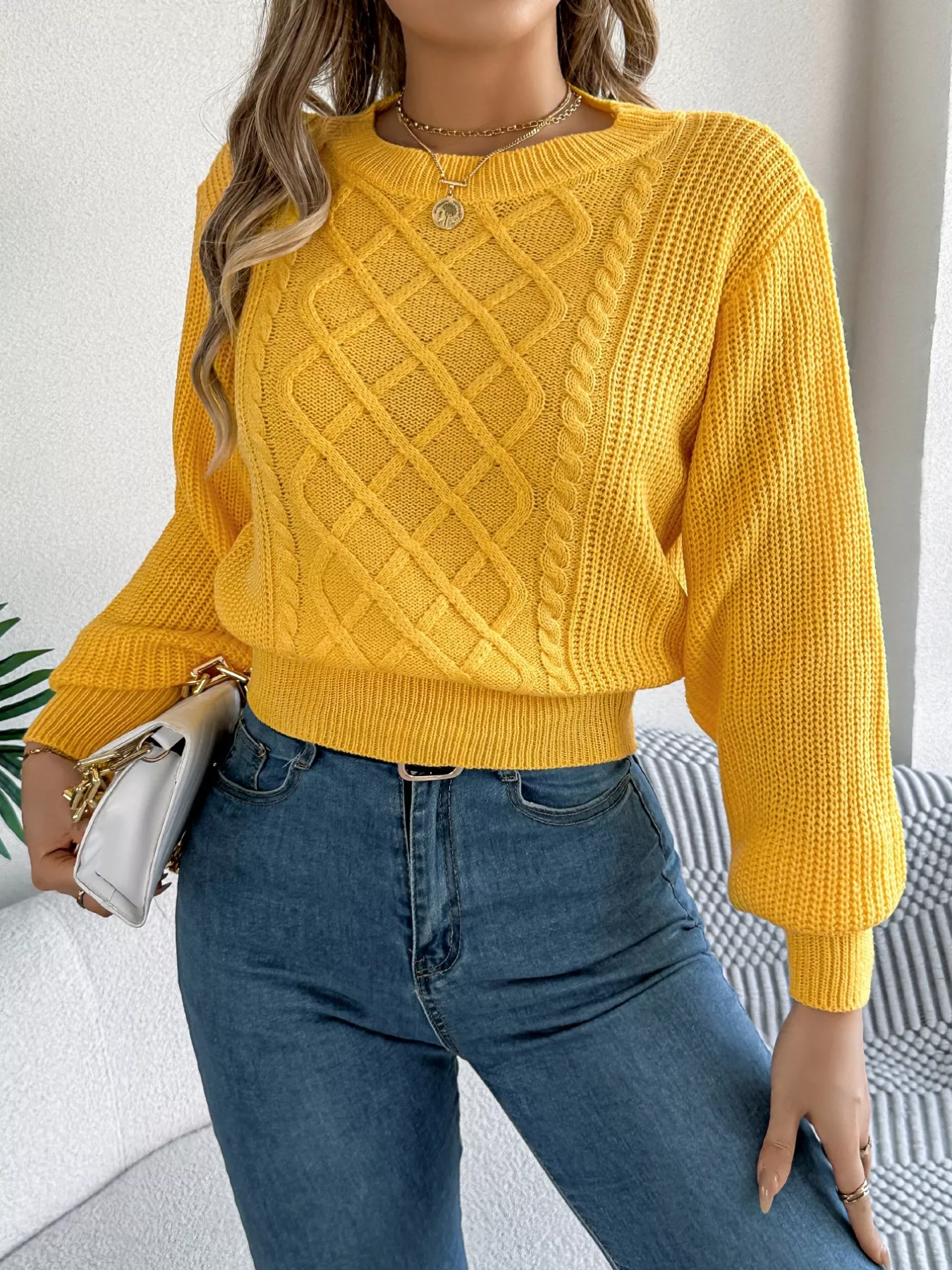 Cable Knit Diamond Pattern Long Sleeve Sweater - Image 7