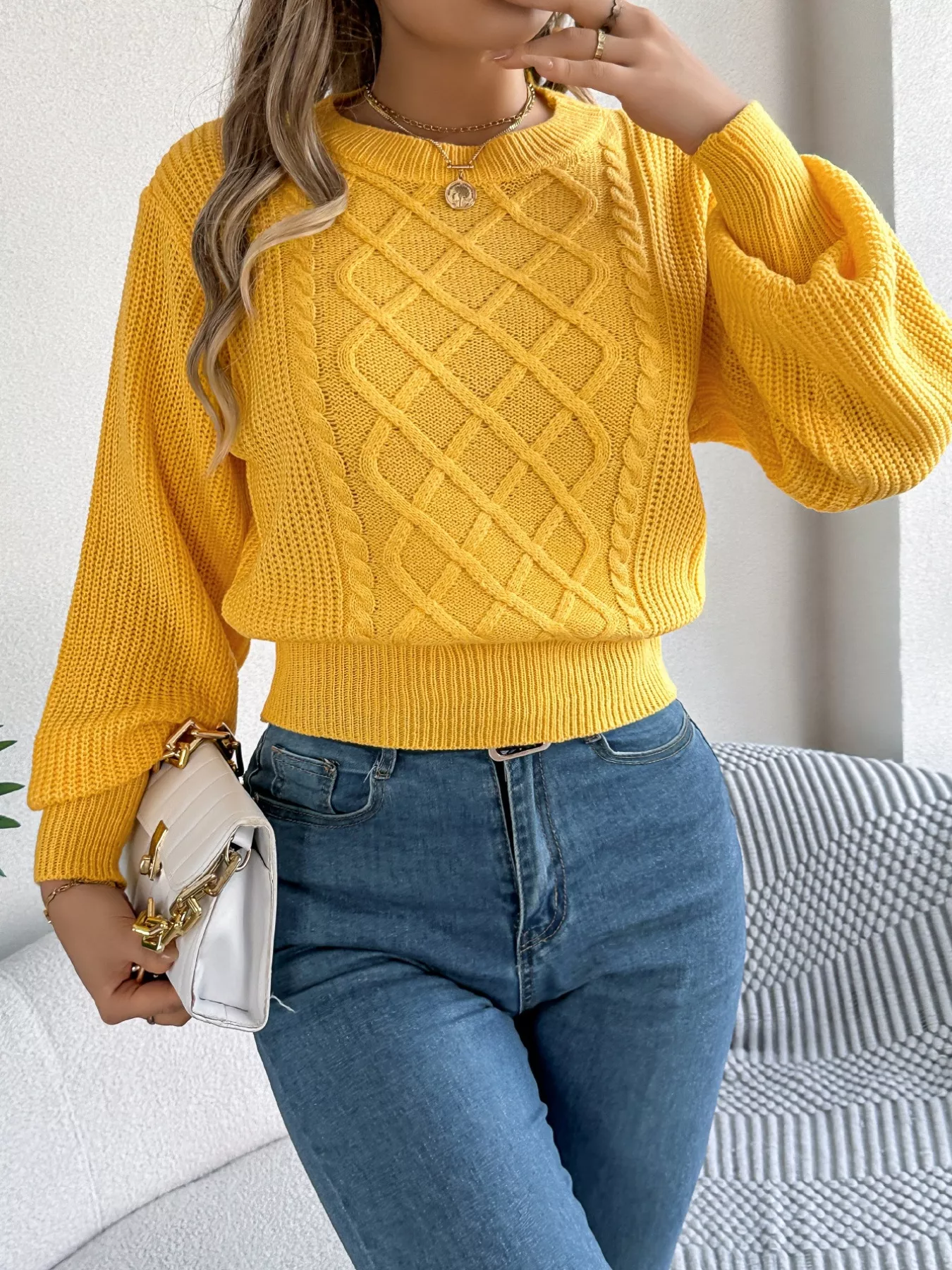 Cable Knit Diamond Pattern Long Sleeve Sweater - Image 9