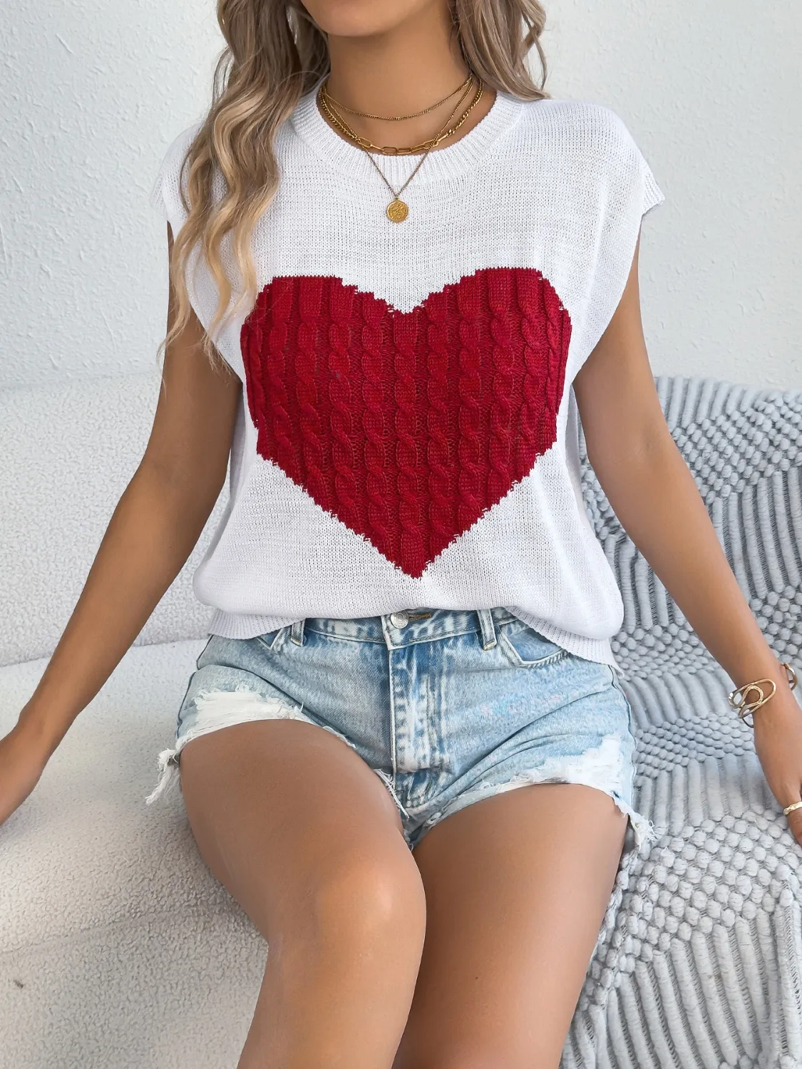 Cable Knit Heart Round Neck Cap Sleeve Knit Top - Image 12