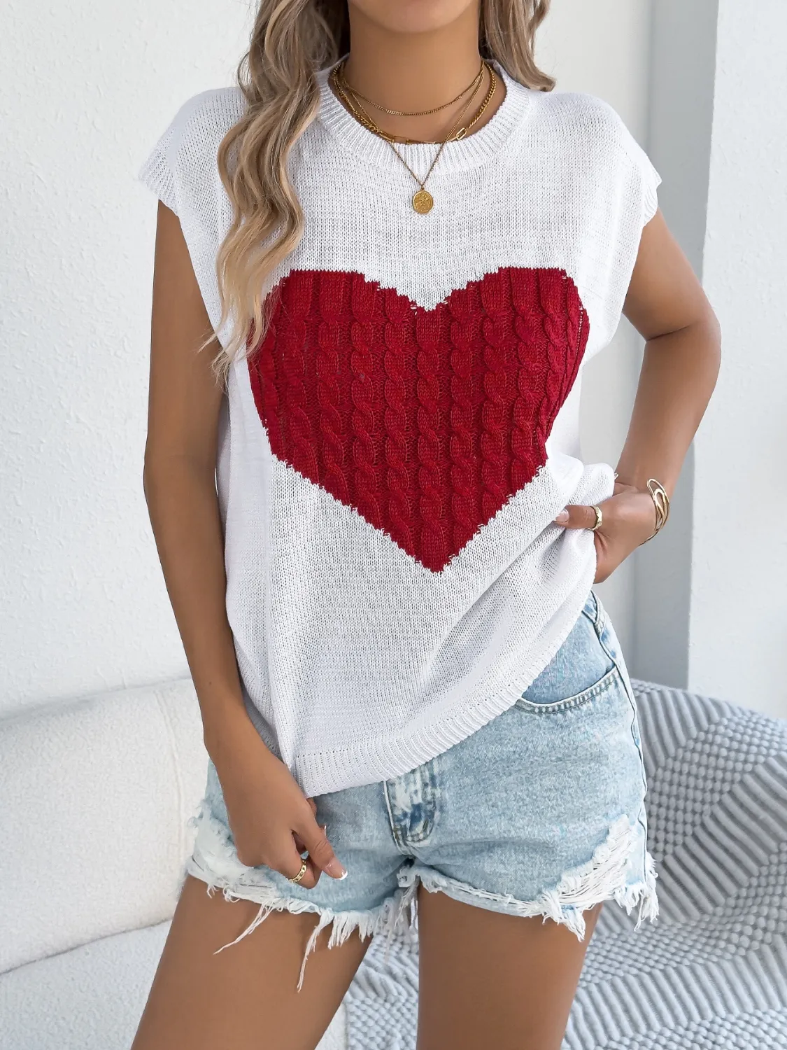 Cable Knit Heart Round Neck Cap Sleeve Knit Top - Image 7