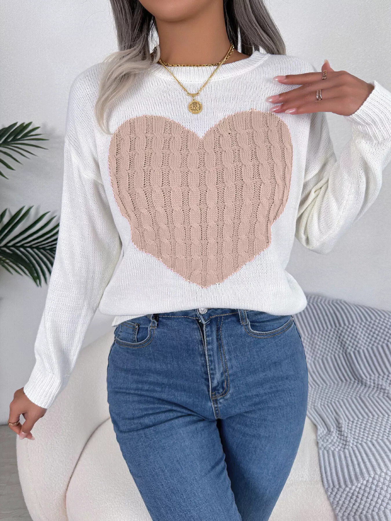 Cable Knit Heart Round Neck Sweater - Image 9