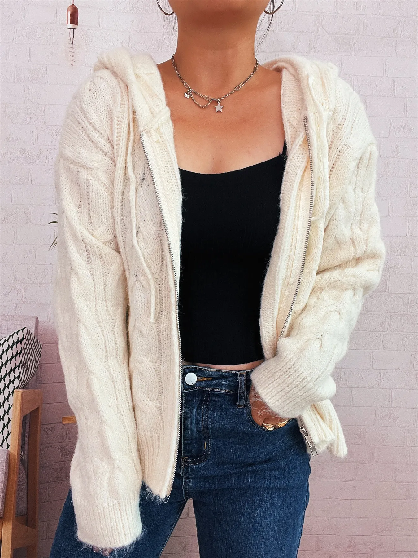 Cable Knit Hooded Zip-Up Cardigan - Image 12