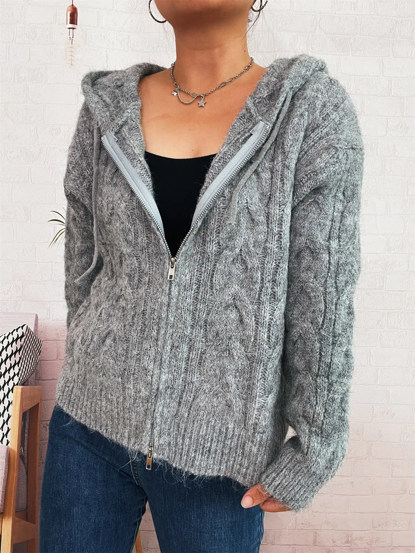 Cable Knit Hooded Zip-Up Cardigan - Image 3
