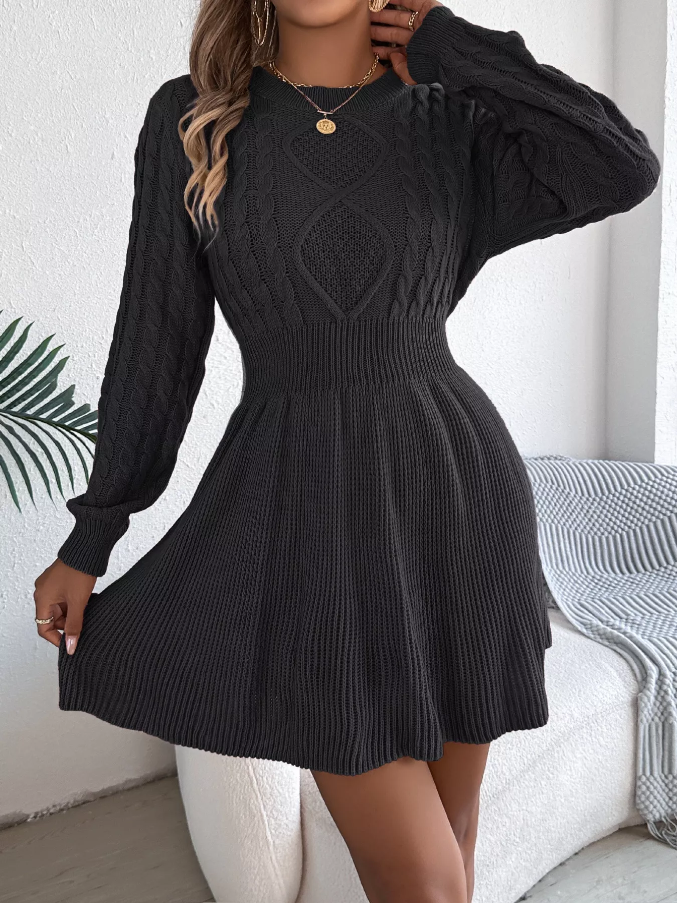 Cable Knit Long Sleeve Sweater Dress - Image 3