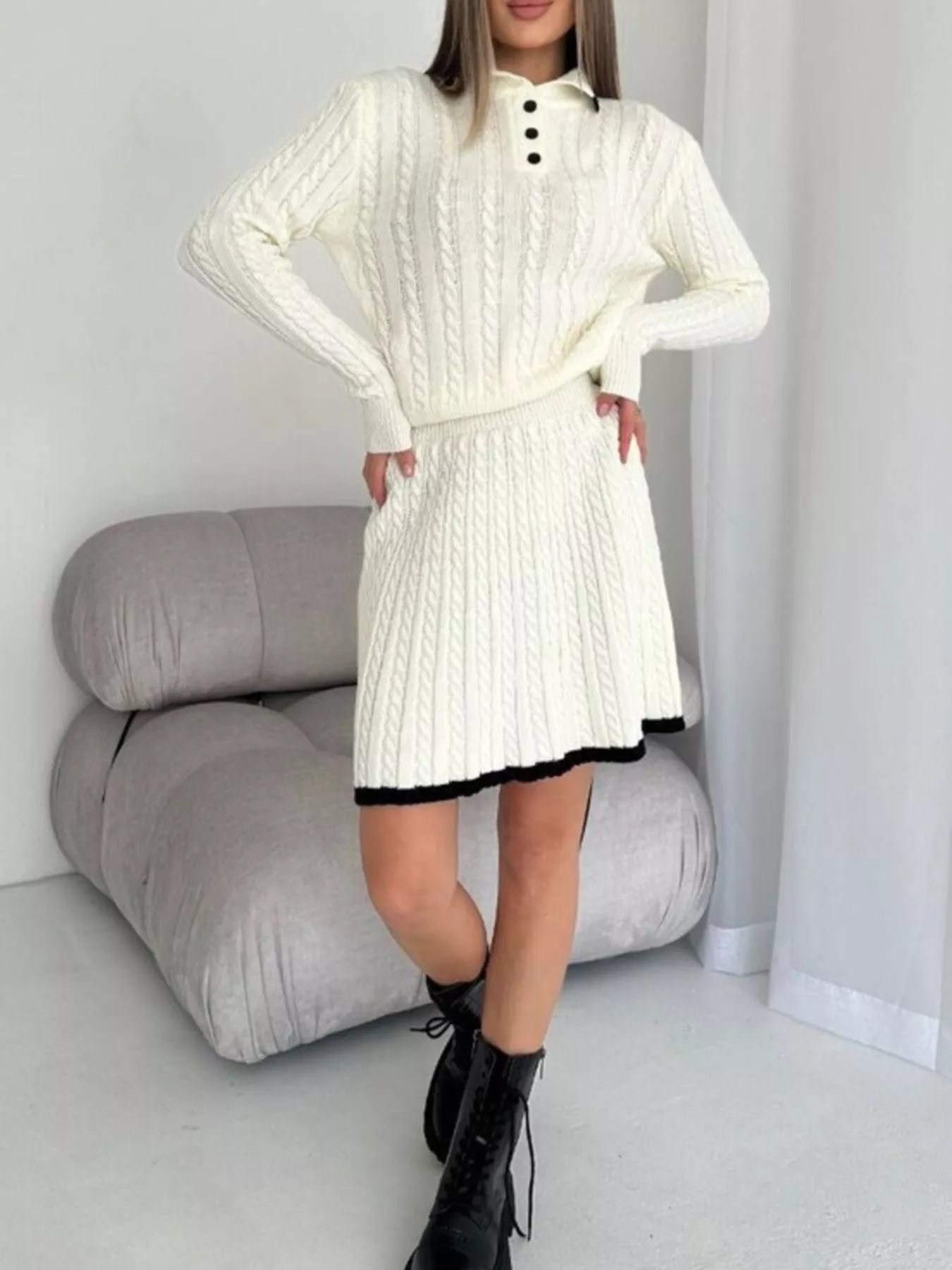 Cable Knit Long Sleeve Top and Skirt Sweater Set - Image 2