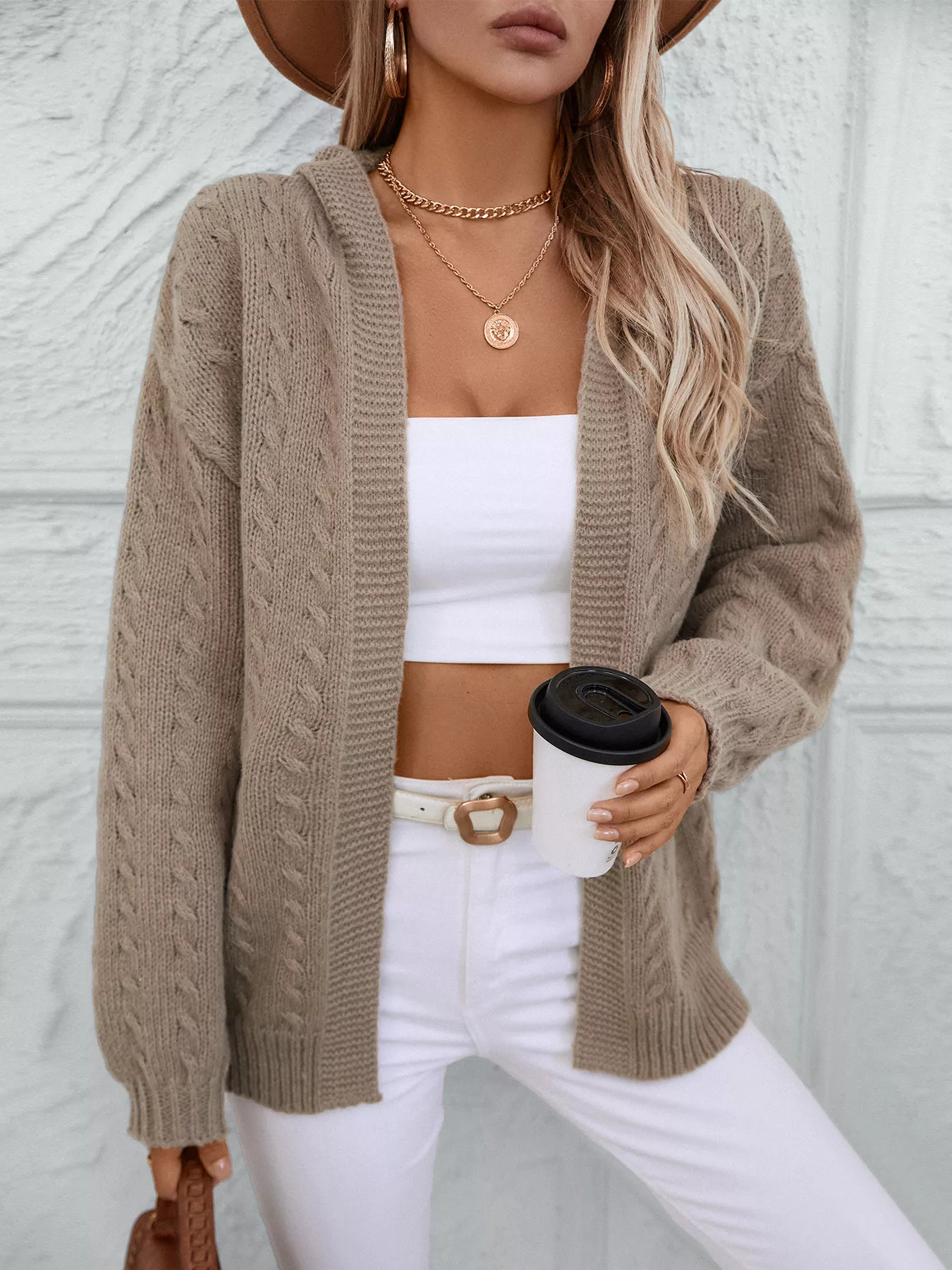 Cable Knit Open Front Hooded Cardigan - Image 3