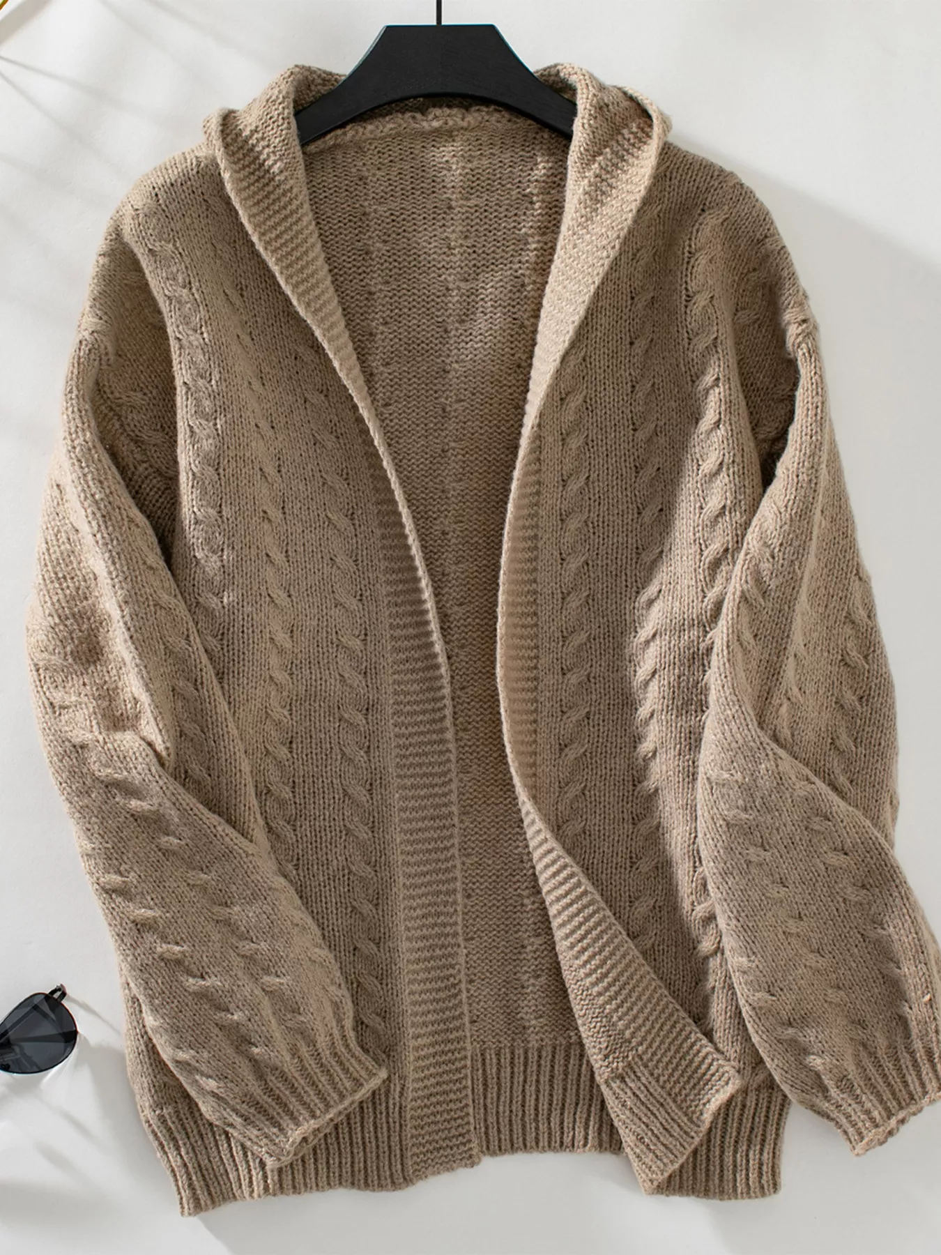 Cable Knit Open Front Hooded Cardigan - Image 8
