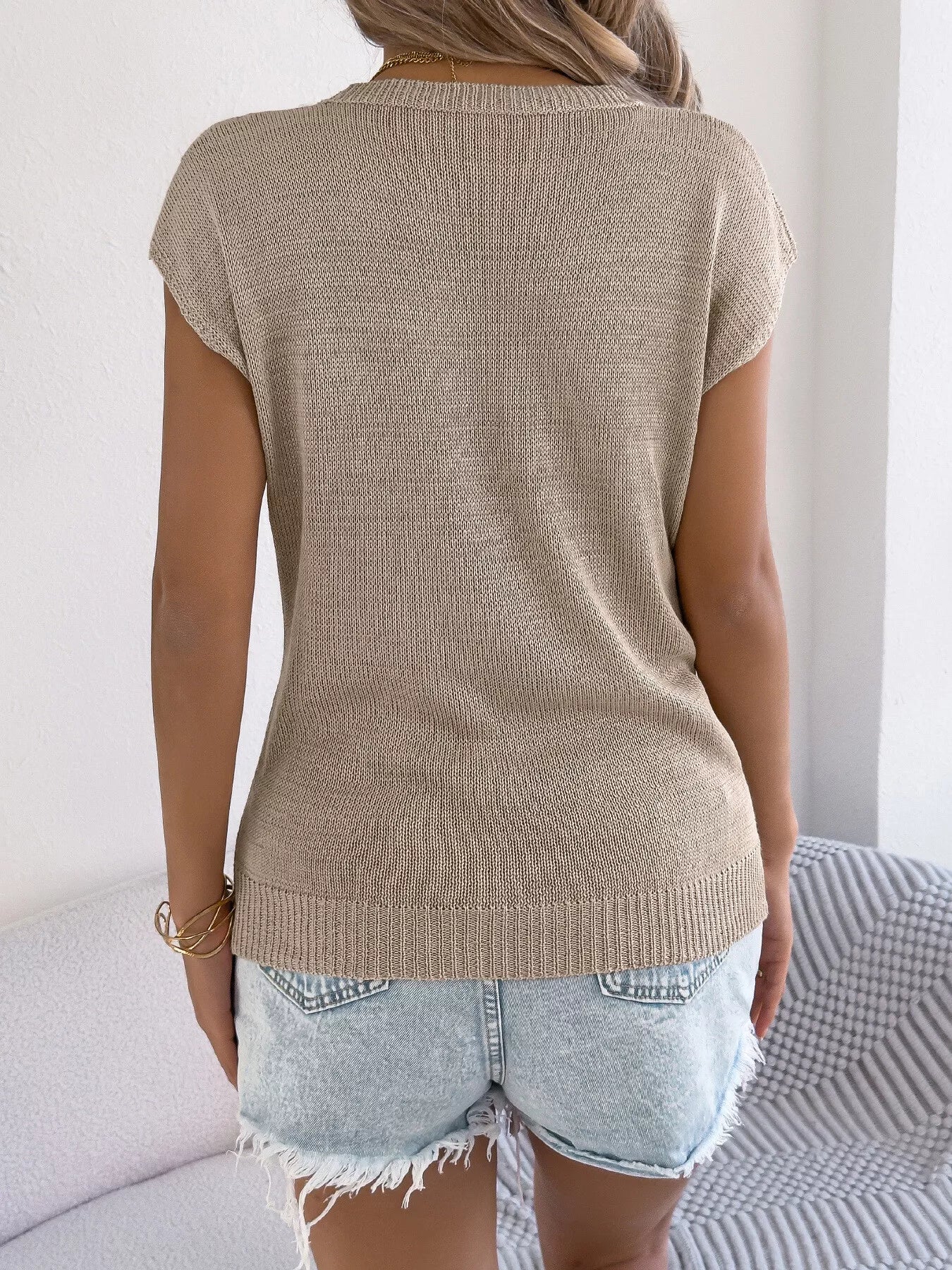 Cable Knit Openwork Cap Sleeve Sweater - Image 14
