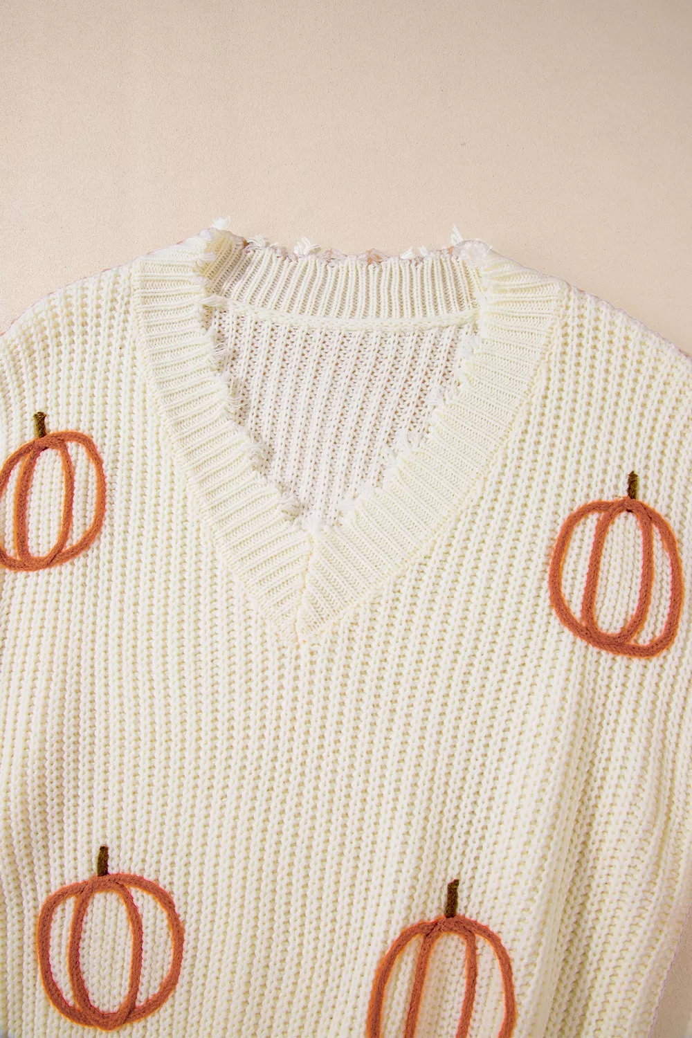 Cable Knit Pumpkin Raw Hem V Neck Loose Sweater - Image 7