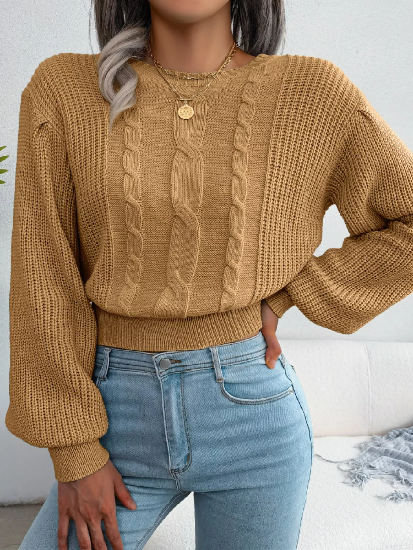 Cable Knit Round Neck Cropped Sweater - Image 16
