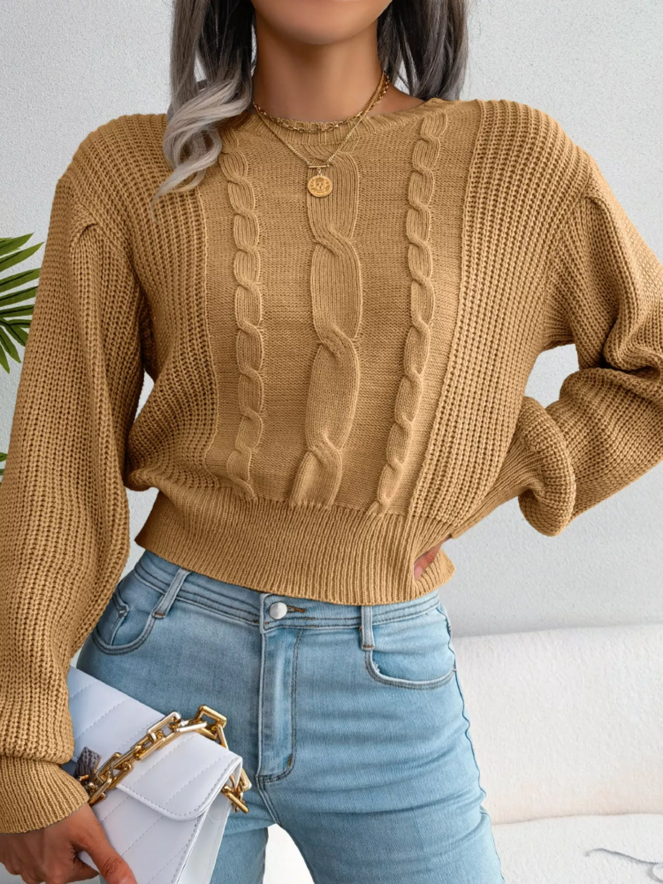Cable Knit Round Neck Cropped Sweater - Image 17