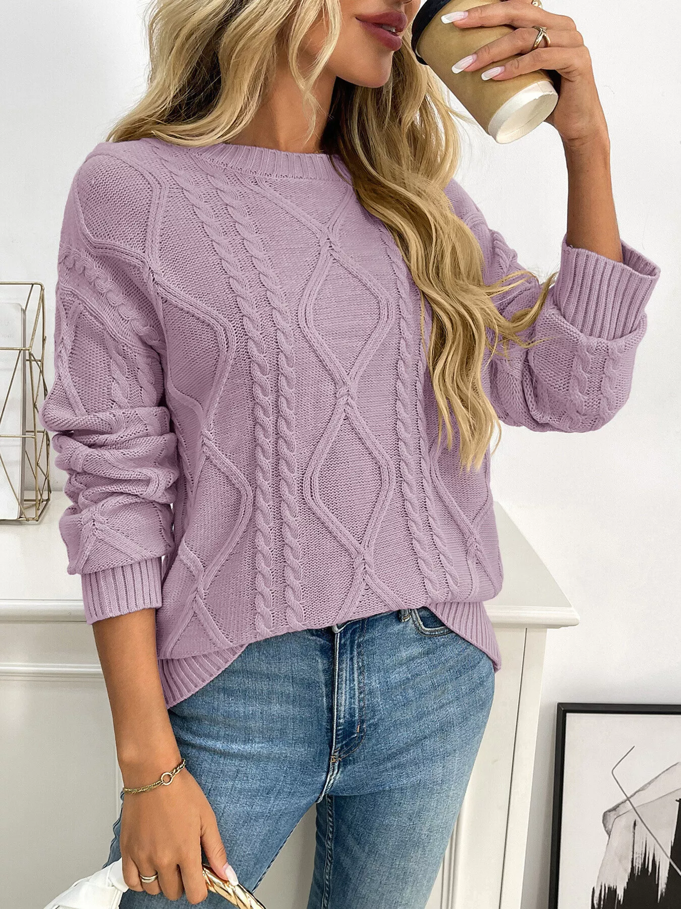Cable Knit Round Neck Long Sleeve Sweater - Image 3