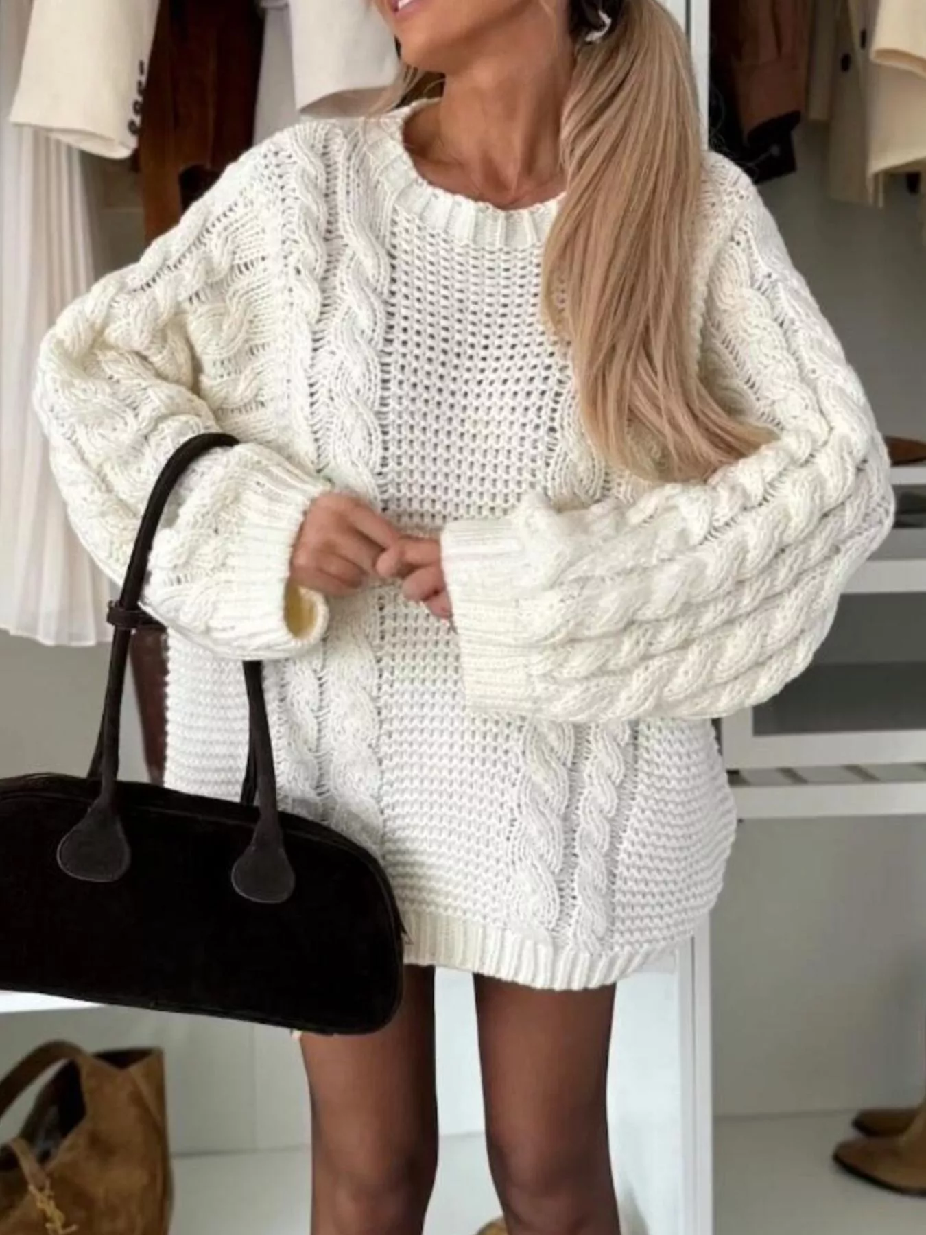 Cable Knit Round Neck Oversized Sweater - Image 2