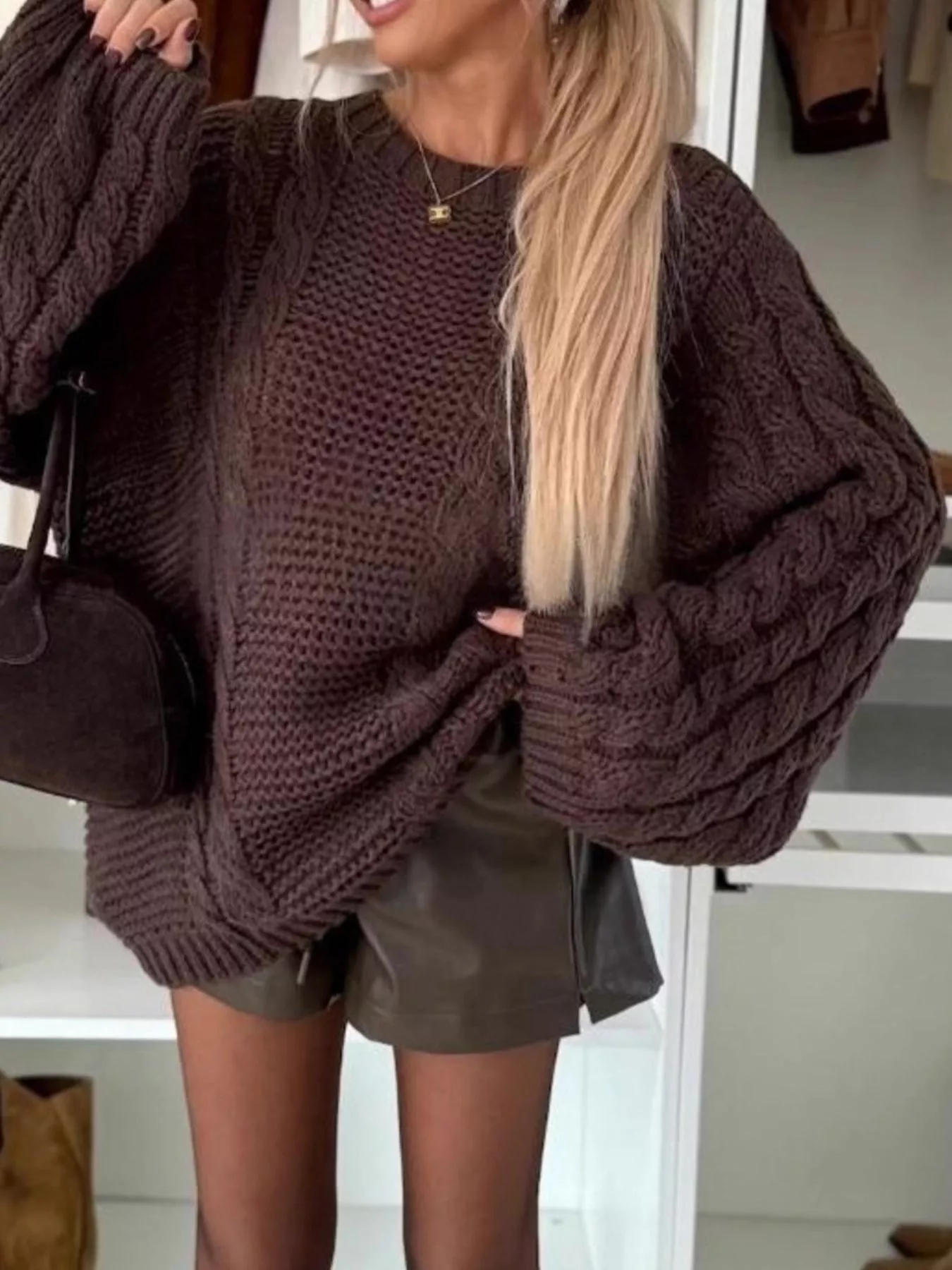 Cable Knit Round Neck Oversized Sweater - Image 6