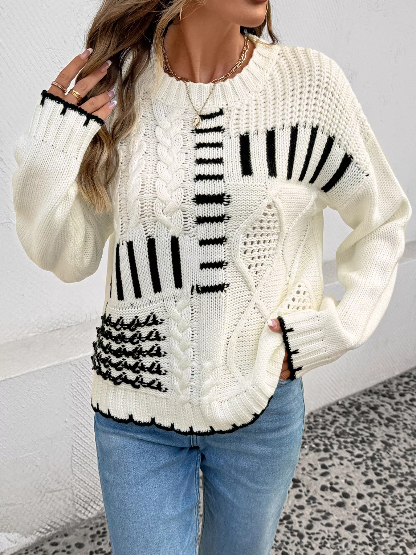 Cable Knit Round Neck Sweater - Image 5