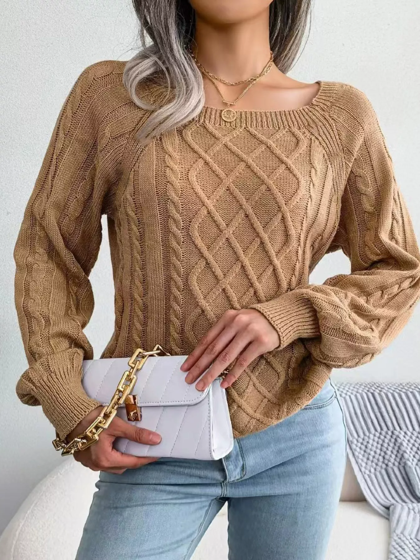 Cable Knit Round Neck Sweater - Image 2