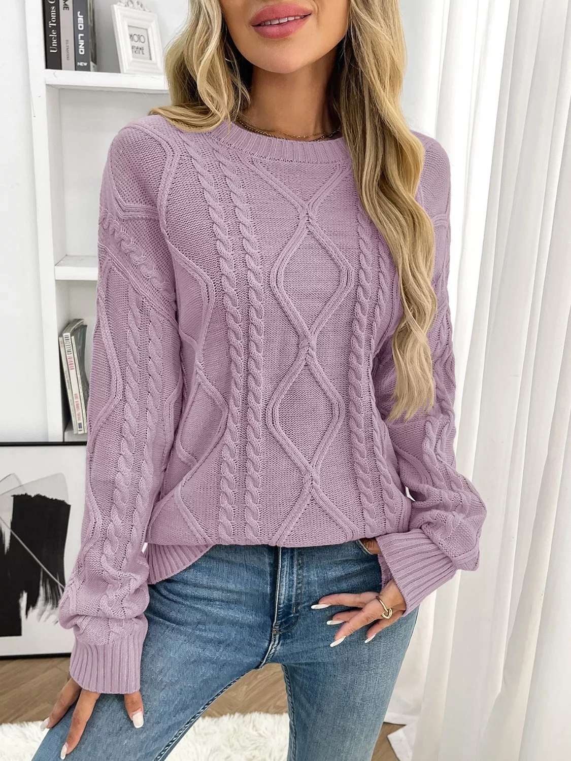 Cable Knit Round Neck Sweater - Image 2