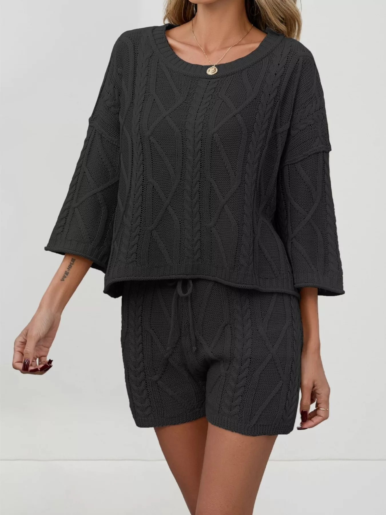 Cable Knit Round Neck Top and Shorts Sweater Set - Image 7