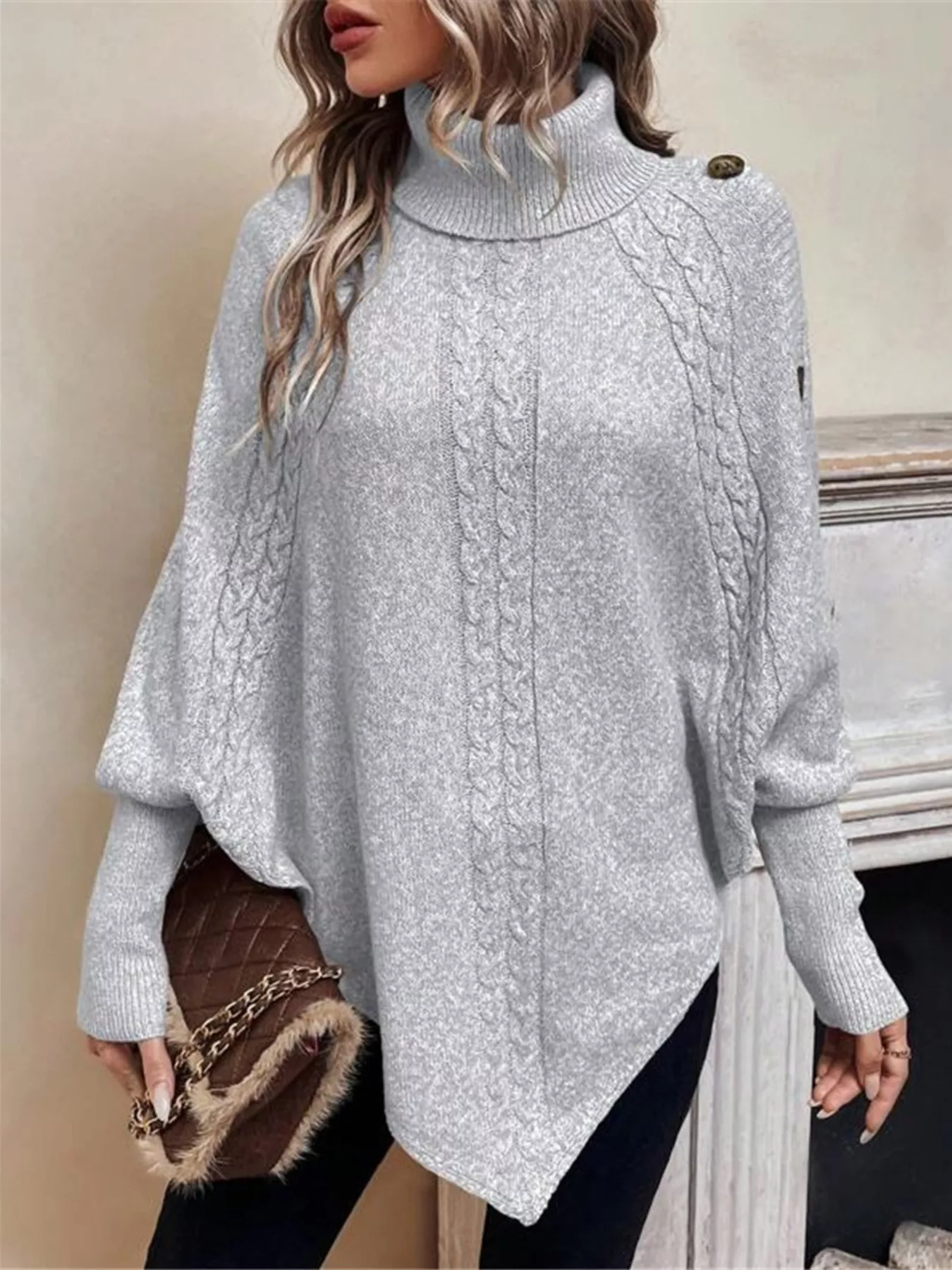 Cable Knit Turtleneck Cape Sweater - Image 21