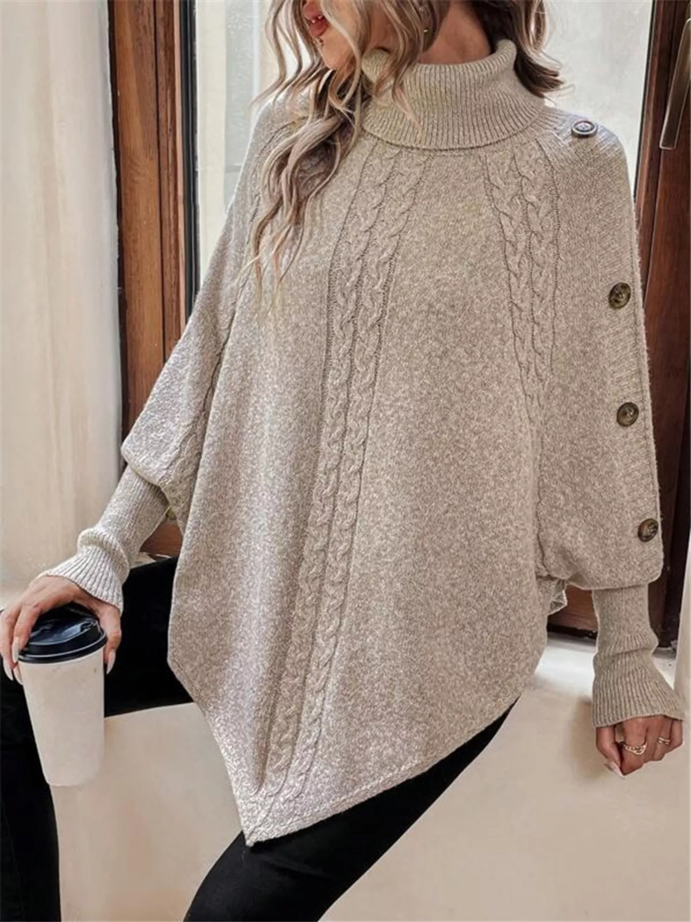 Cable Knit Turtleneck Cape Sweater - Image 5