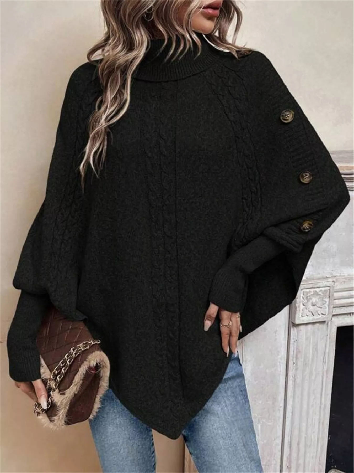 Cable Knit Turtleneck Cape Sweater - Image 8