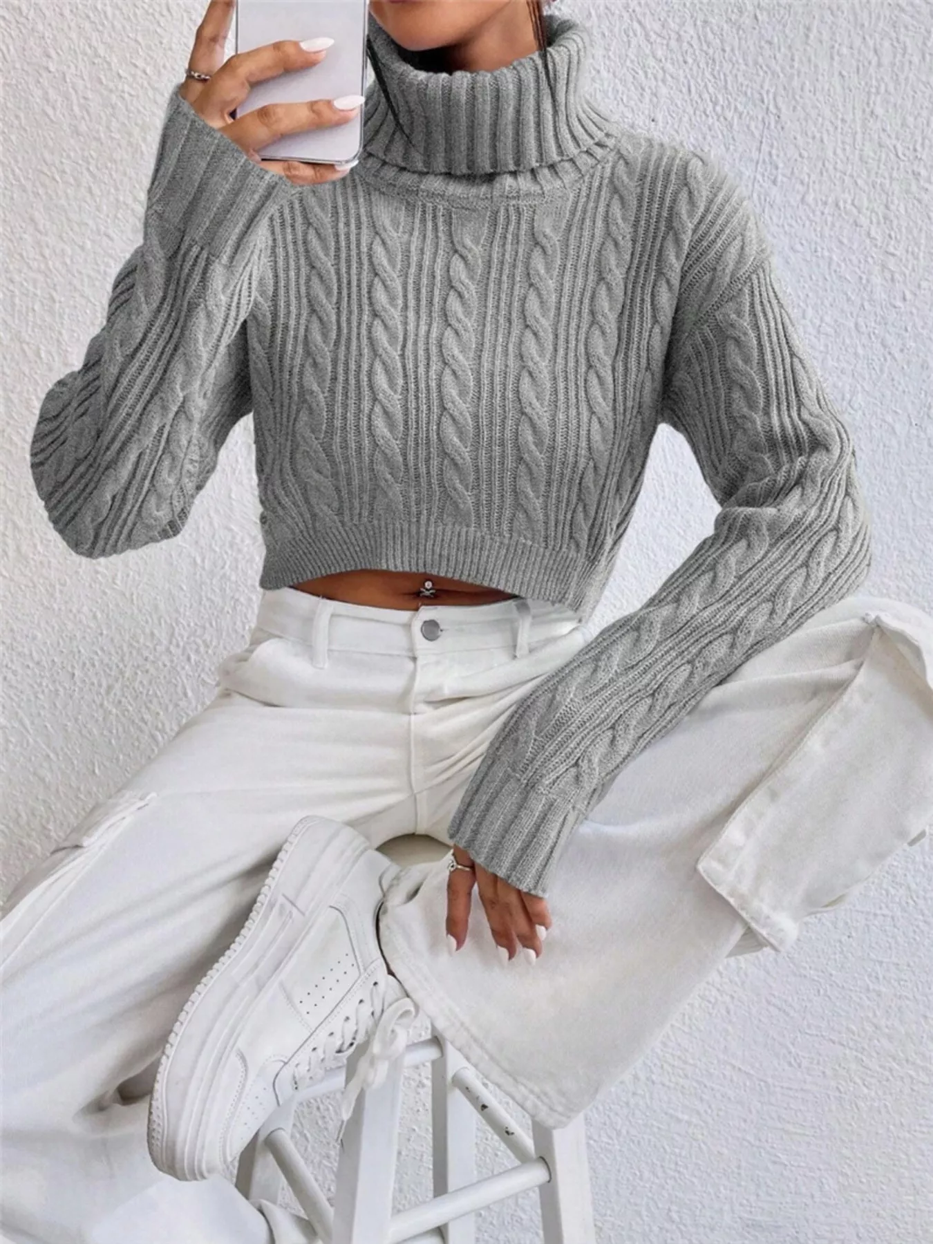 Cable-Knit Turtleneck Long Sleeve Sweater - Image 10