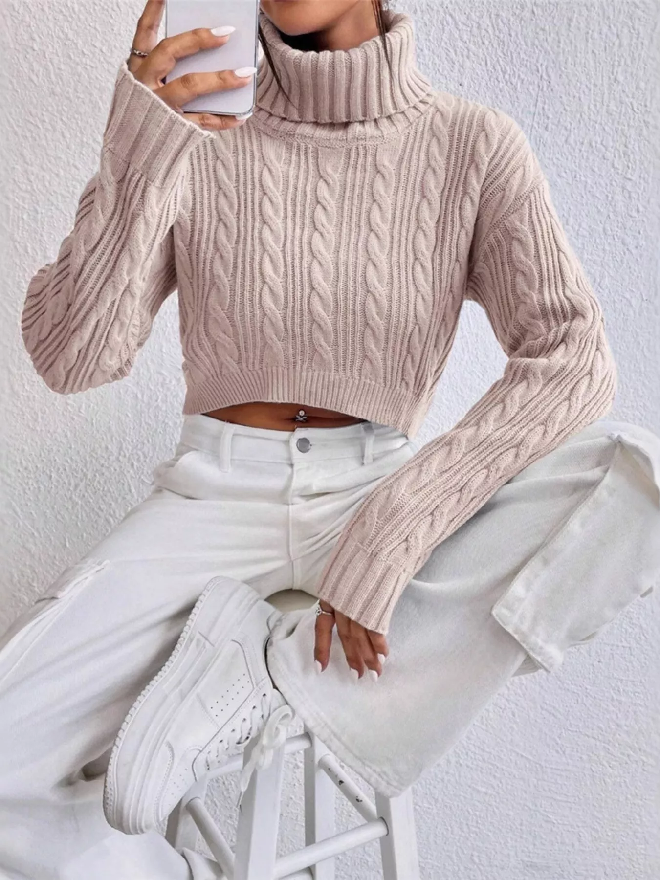 Cable-Knit Turtleneck Long Sleeve Sweater - Image 14