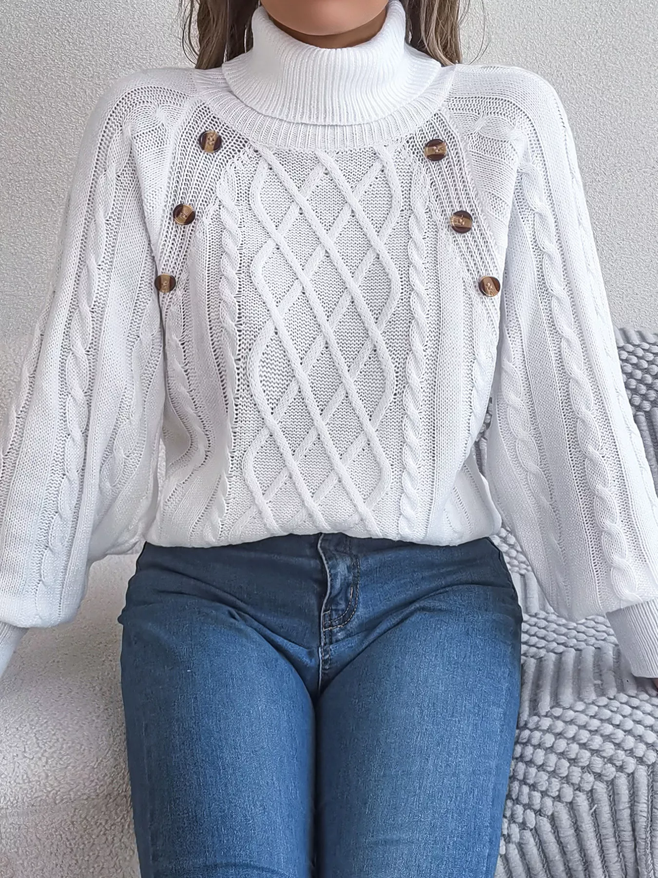 Cable Knit Turtleneck Long Sleeve Sweater - Image 17