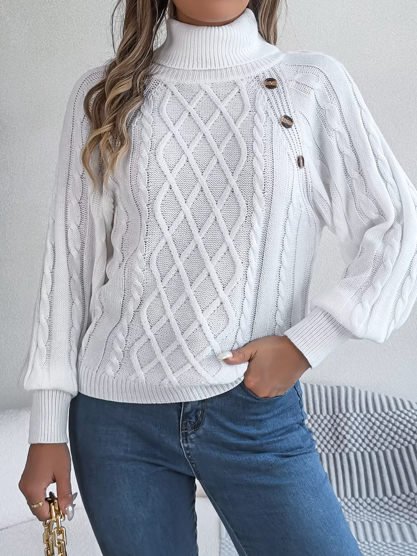 Cable Knit Turtleneck Long Sleeve Sweater - Image 18