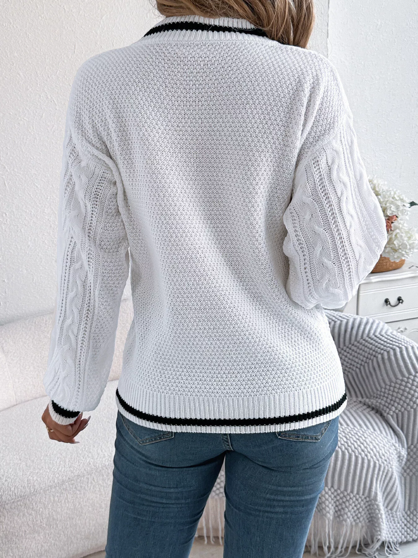 Cable Knit V-Neck Long Sleeve Sweater - Image 14