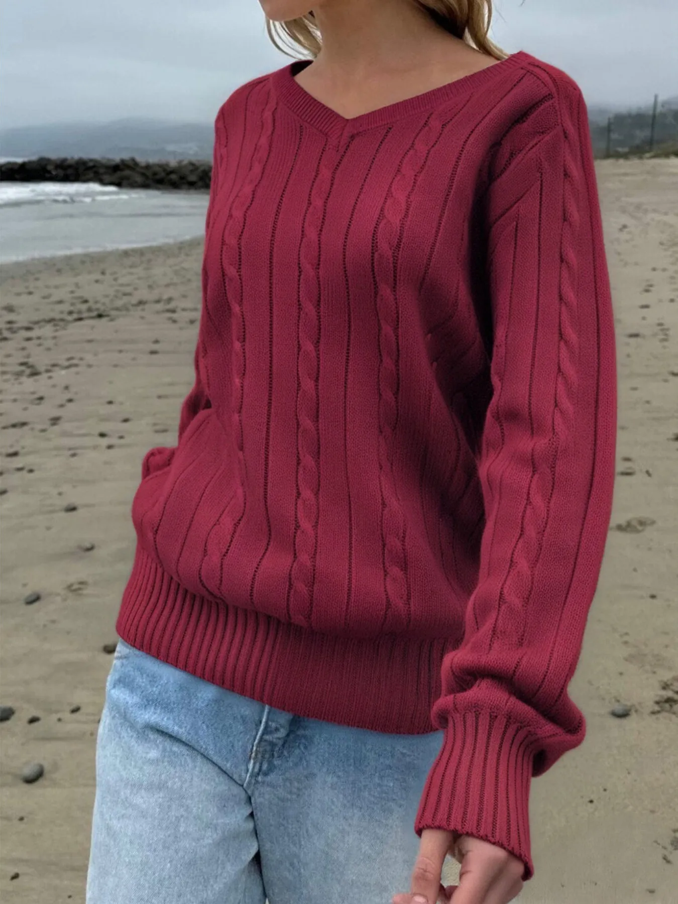 Cable Knit V-Neck Pullover Sweater - Image 13
