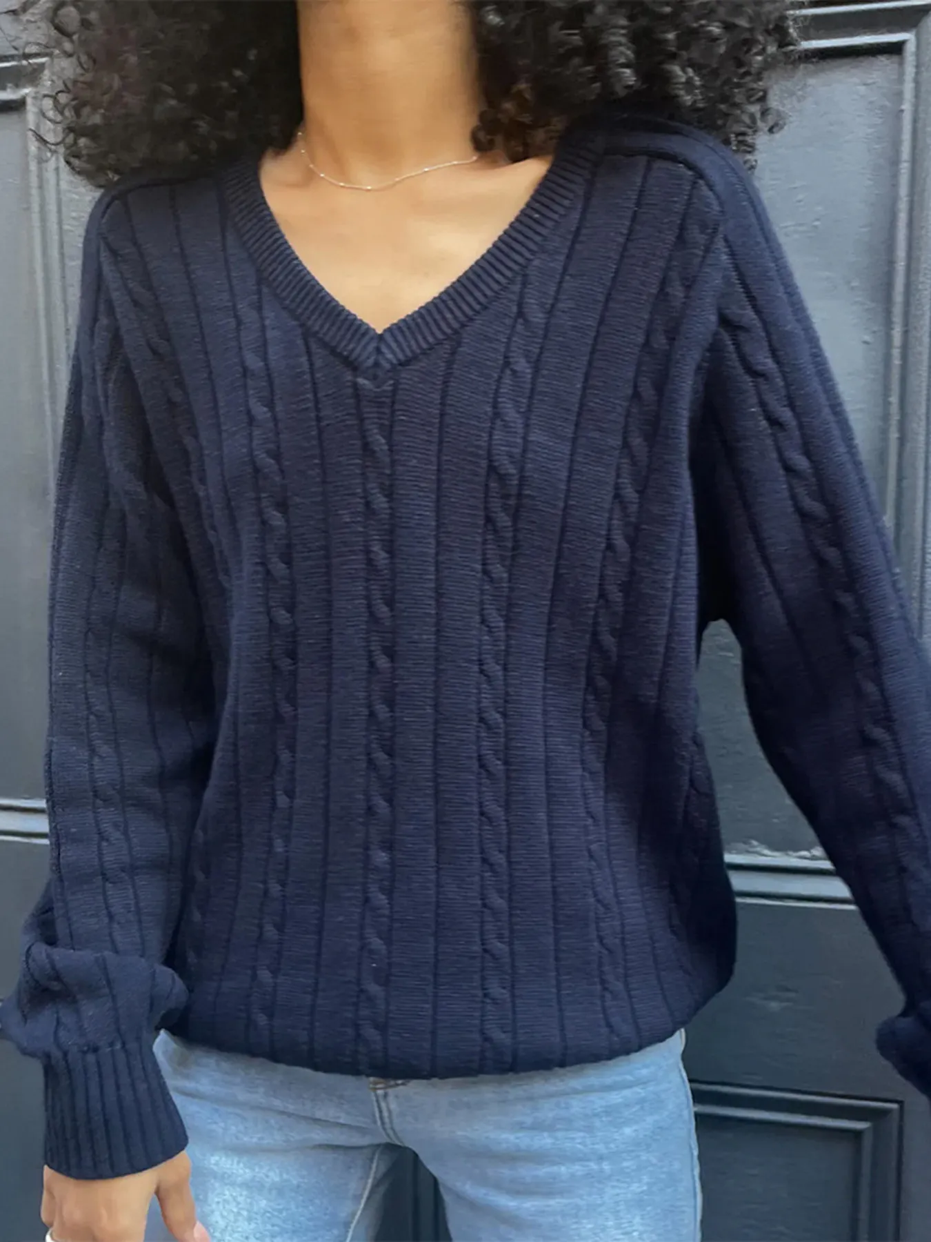 Cable Knit V-Neck Pullover Sweater - Image 4