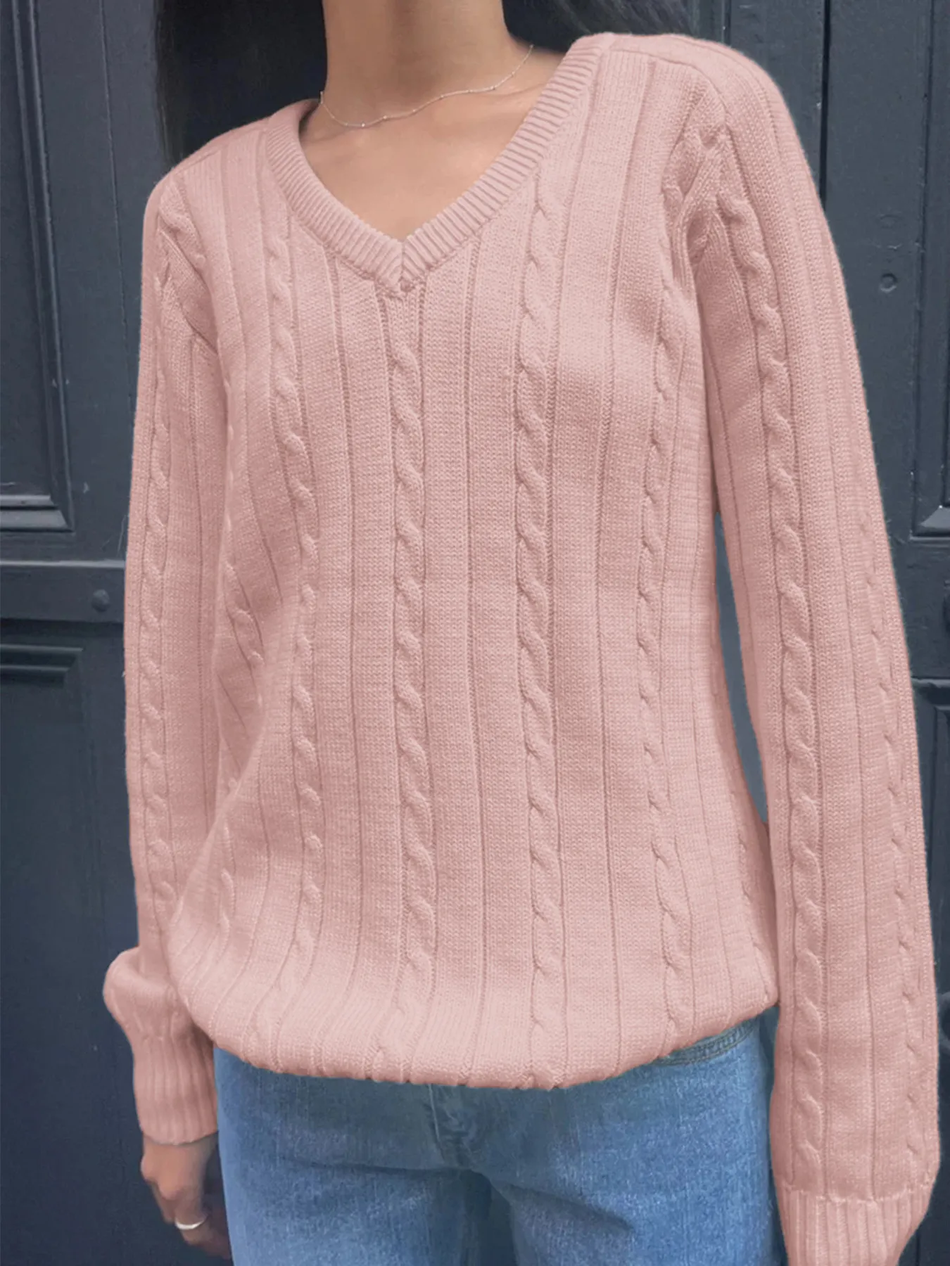 Cable Knit V-Neck Pullover Sweater - Image 9