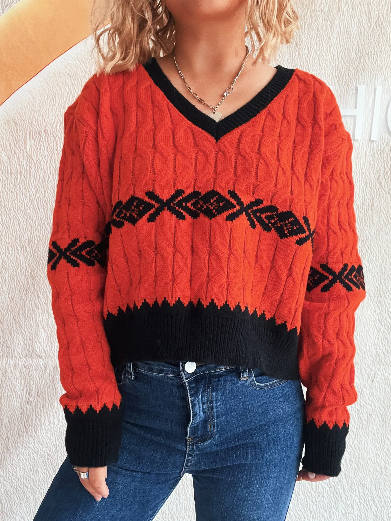 Cable Knit V-Neck Sweater - Image 3