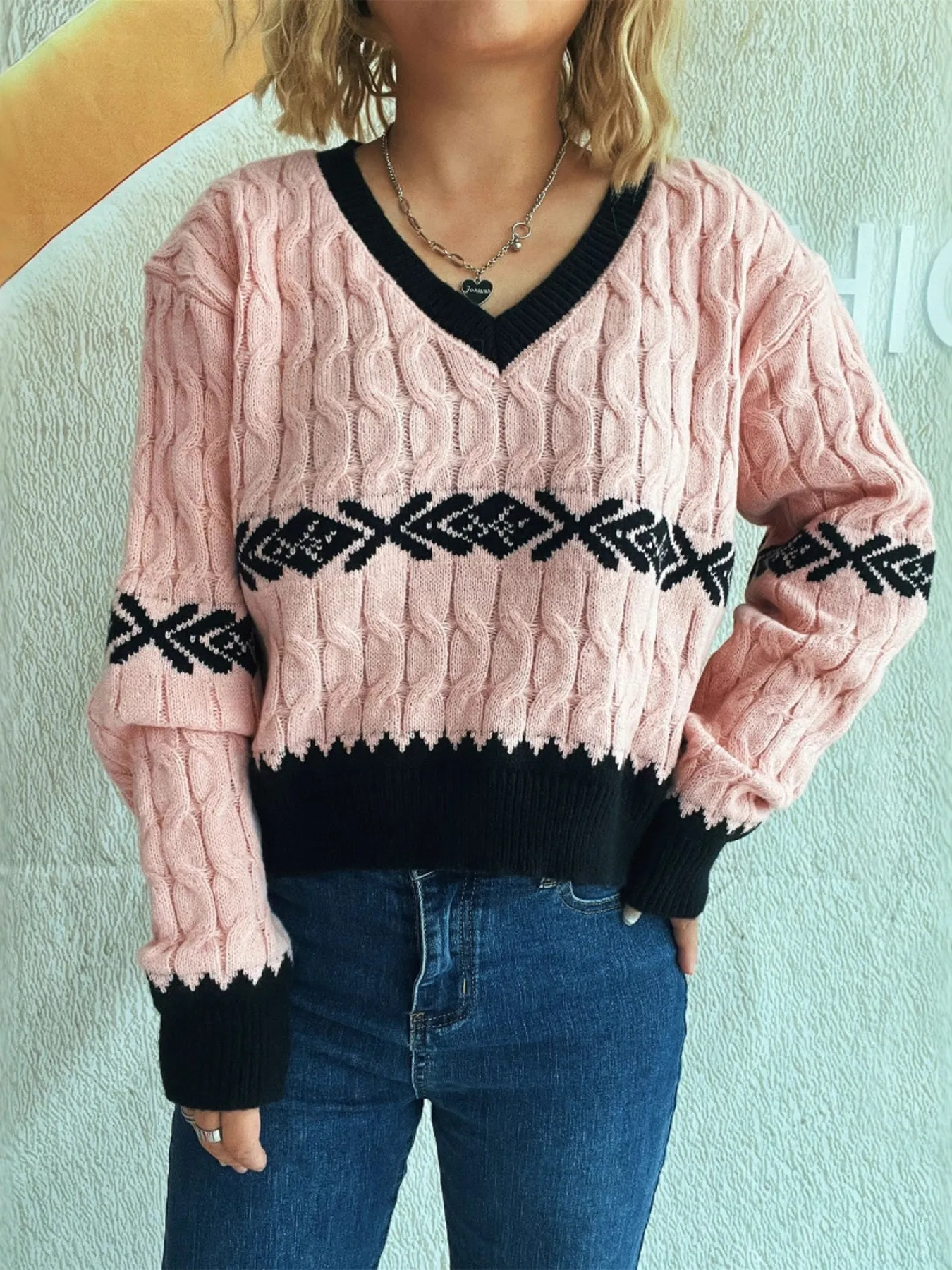 Cable Knit V-Neck Sweater - Image 7
