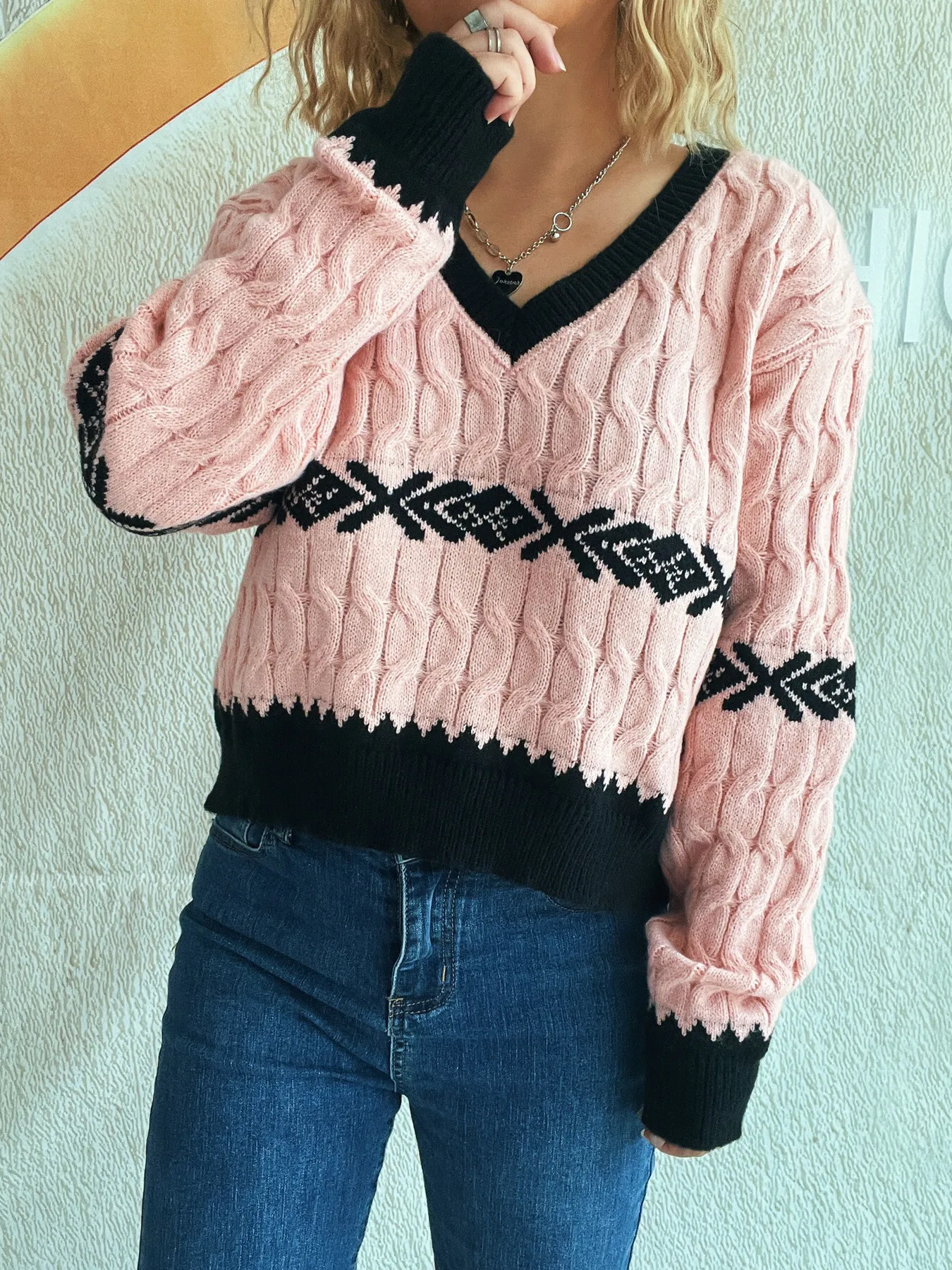 Cable Knit V-Neck Sweater - Image 8