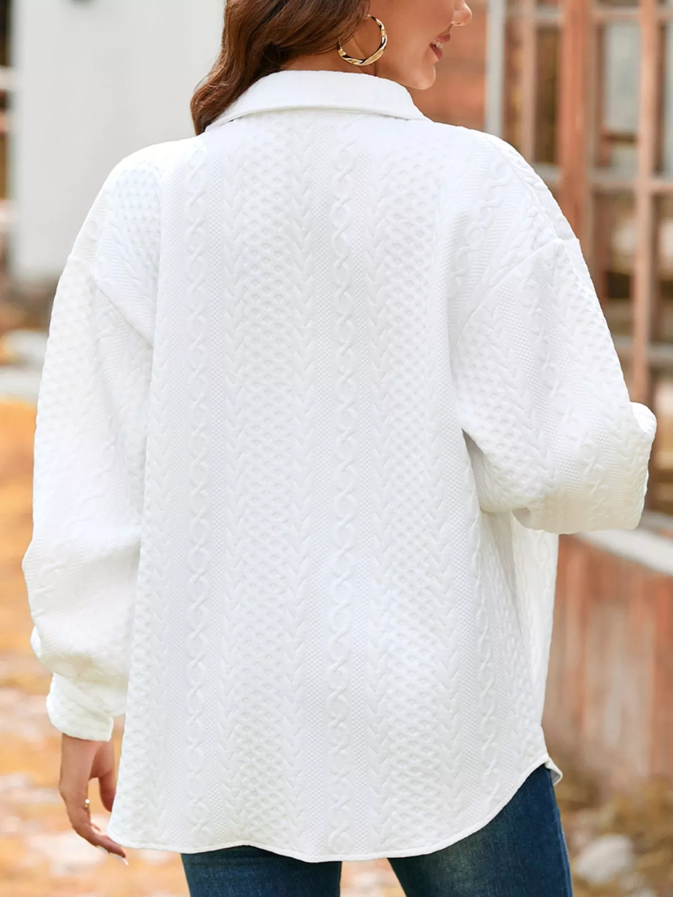 Cable Texture Puff Sleeve Loose Shacket - Image 13