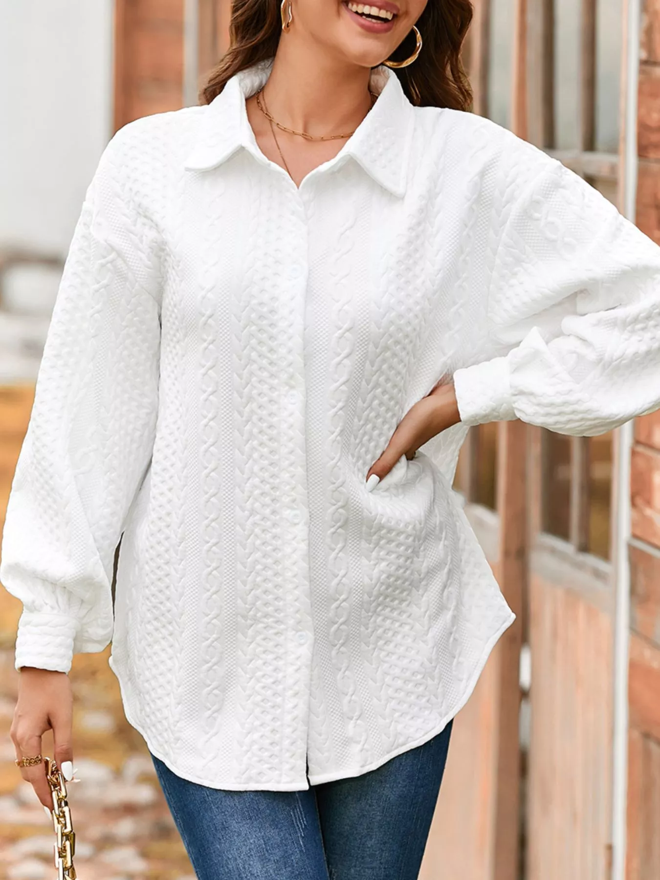Cable Texture Puff Sleeve Loose Shacket - Image 14