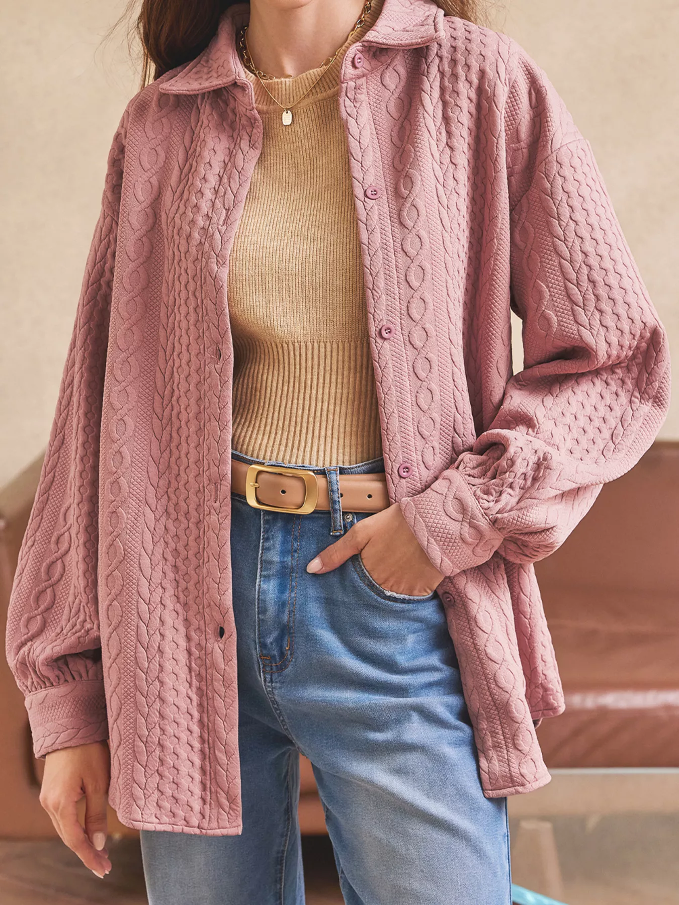 Cable Texture Puff Sleeve Loose Shacket - Image 23