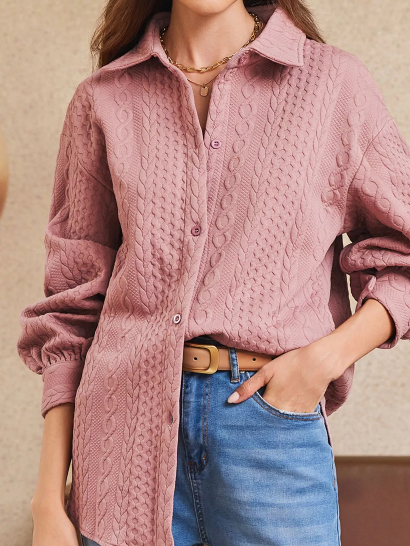 Cable Texture Puff Sleeve Loose Shacket - Image 25