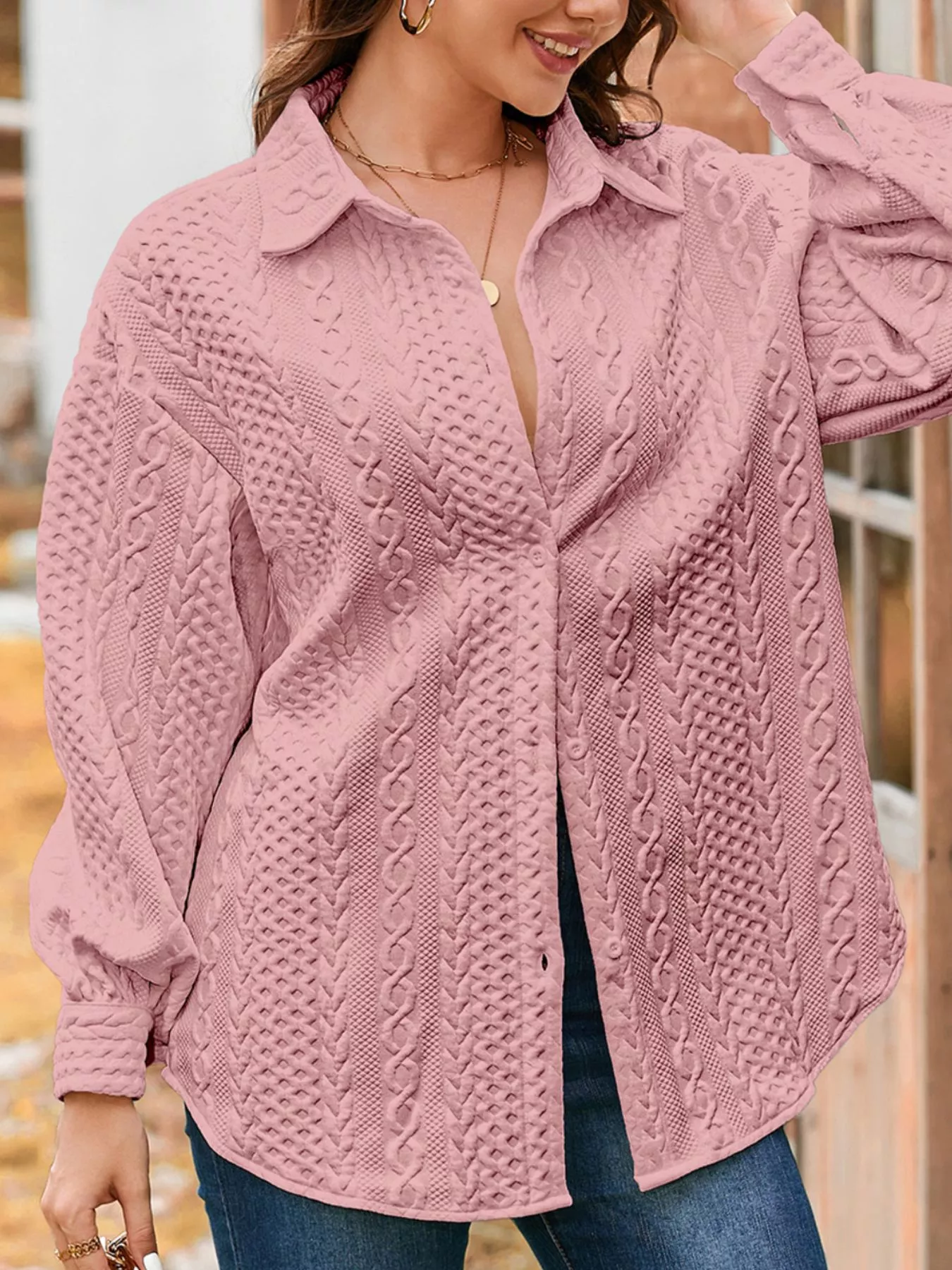 Cable Texture Puff Sleeve Loose Shacket - Image 29