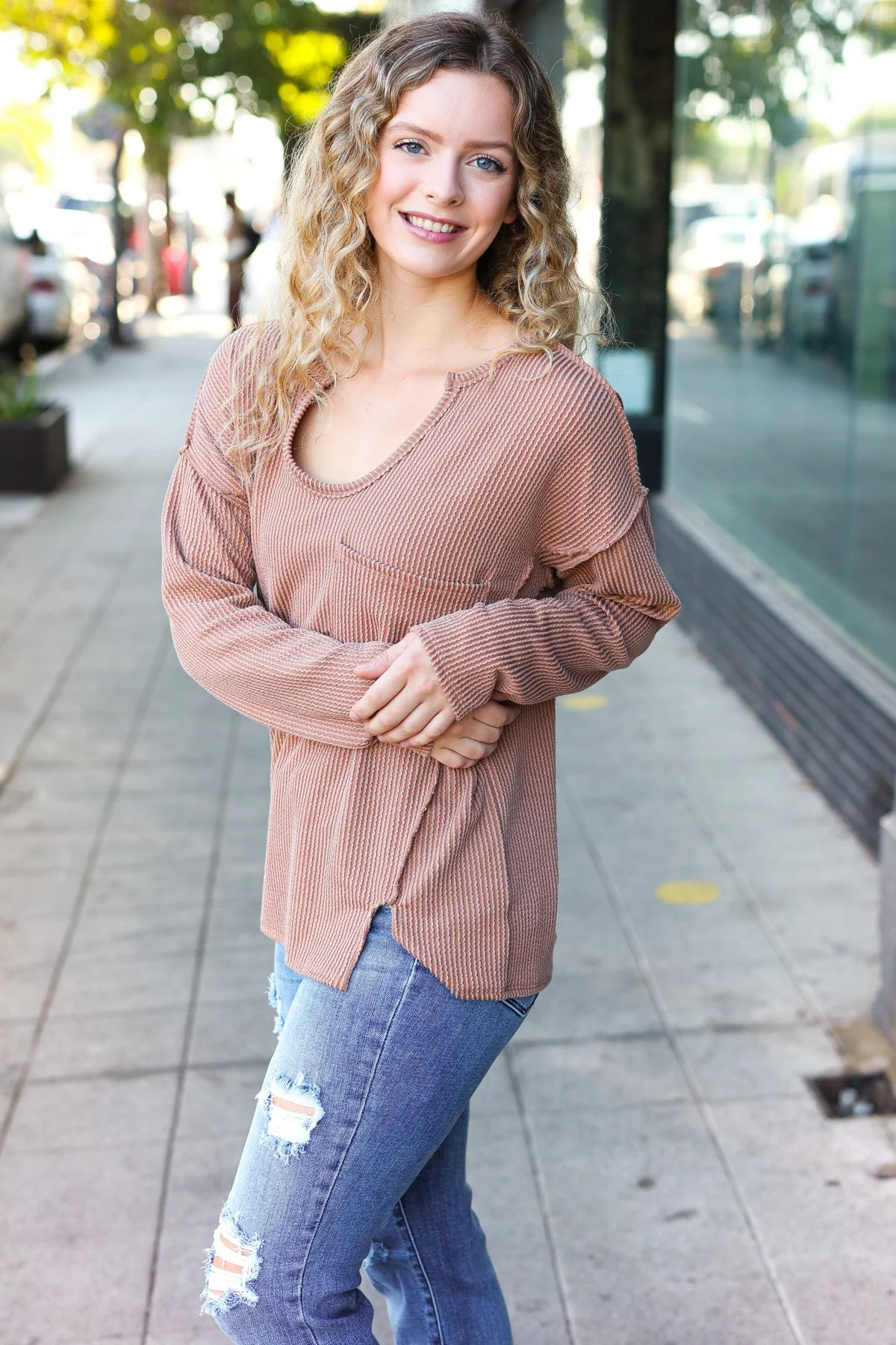 Eyes On You Camel Mineral Wash Rib Notch Neck Pocketed Top - Image 8