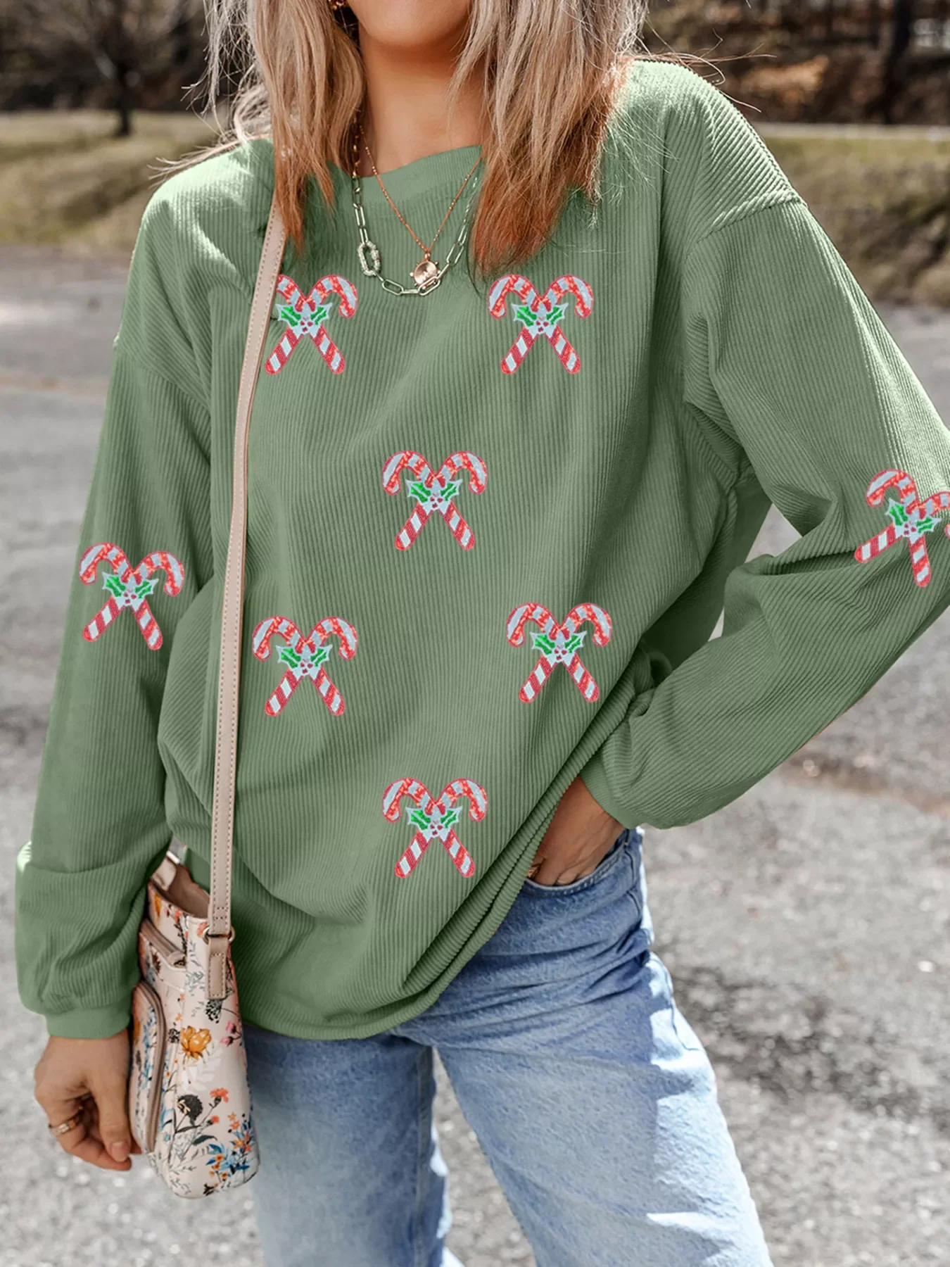 Candy Cane Shimmer Patched Corded Baggy Sweatshirt - Image 2