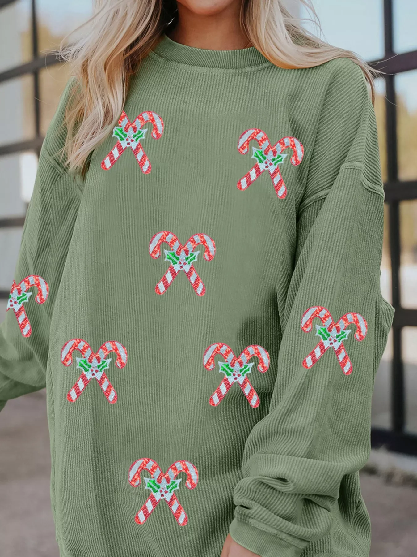Candy Cane Shimmer Patched Corded Baggy Sweatshirt - Image 4