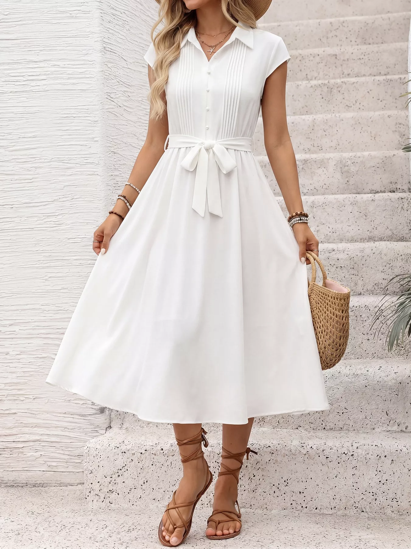Cap Sleeve Tie Waist Midi Dress - Image 4