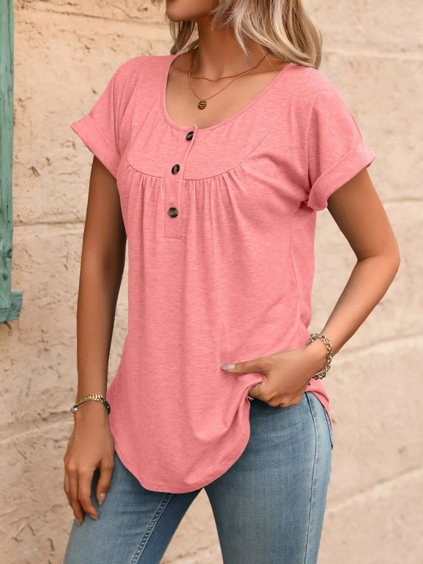 Casual Button Detail Henley T-Shirt - Image 16