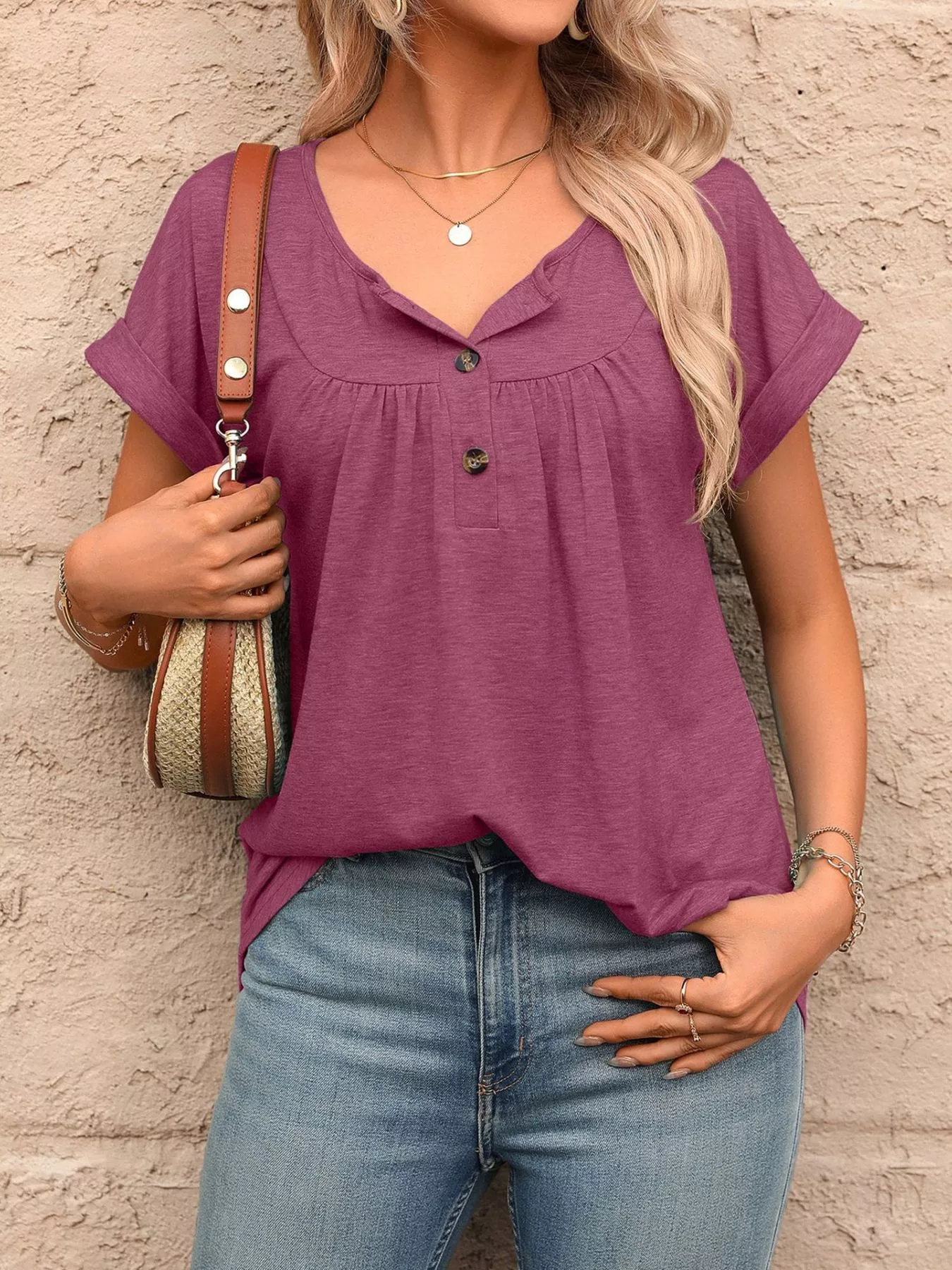 Casual Button Detail Henley T-Shirt - Image 29
