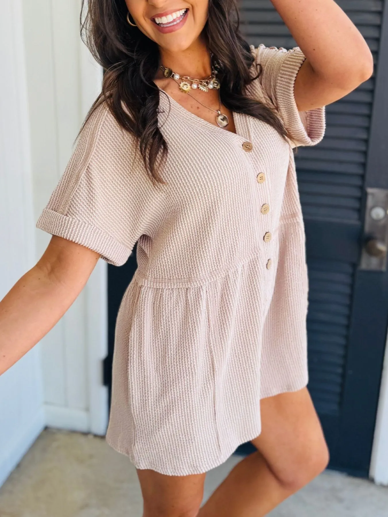Casual Button-Front Ribbed Romper - Image 3