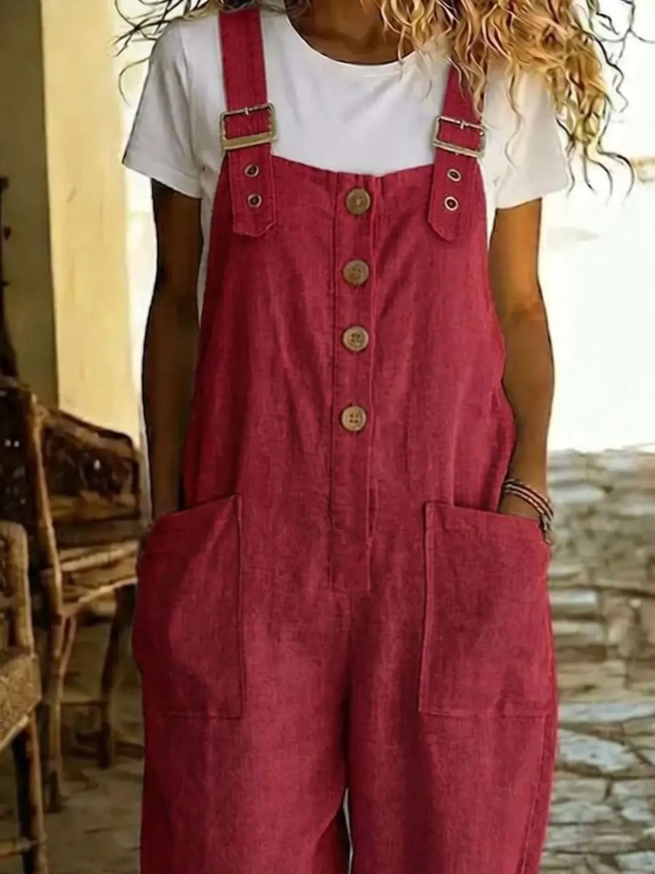 Casual Button Front Wide Leg Overalls - Image 2