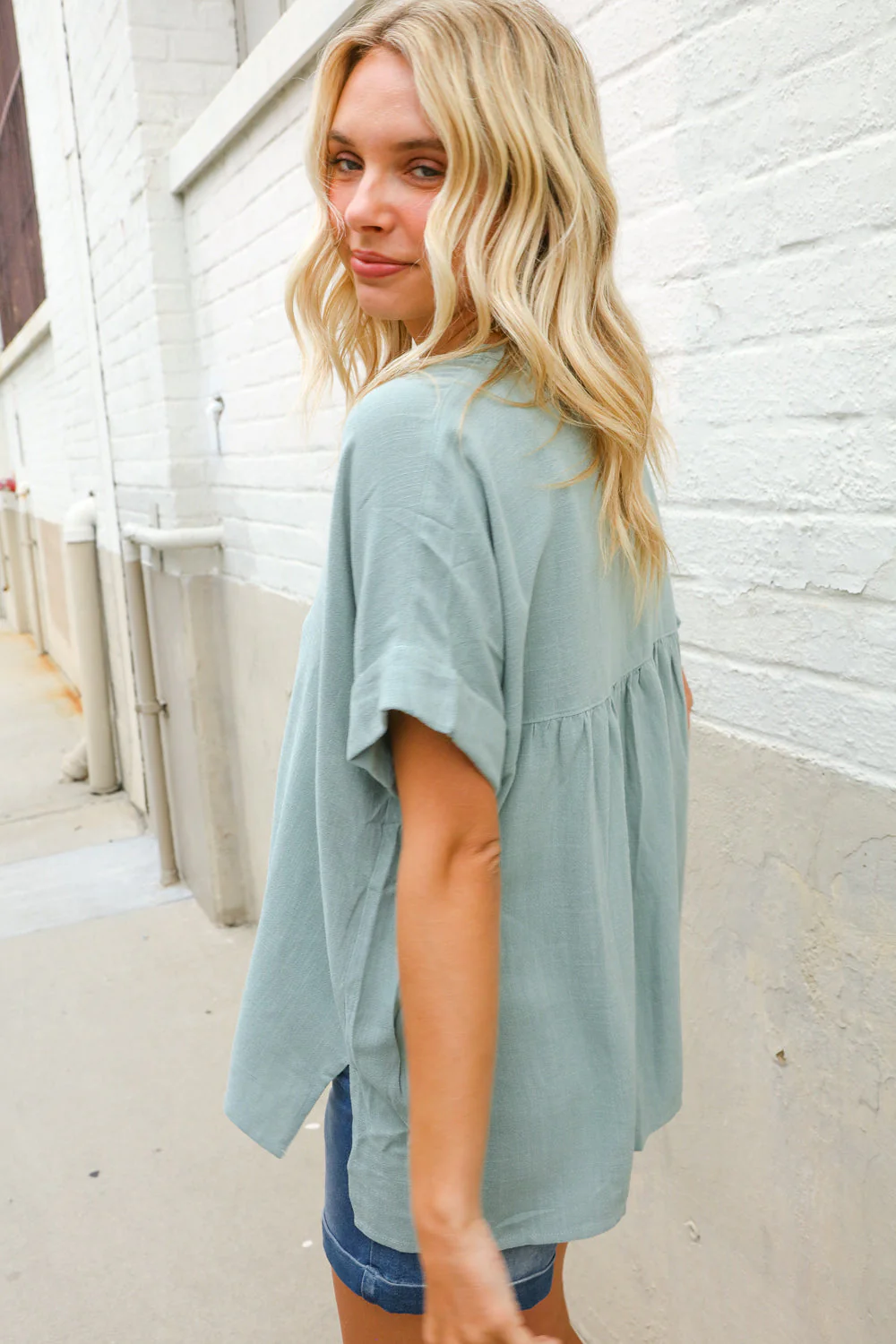 Casual Chic Sage Linen Notch Neck Dolman Short Sleeve Top - Image 5